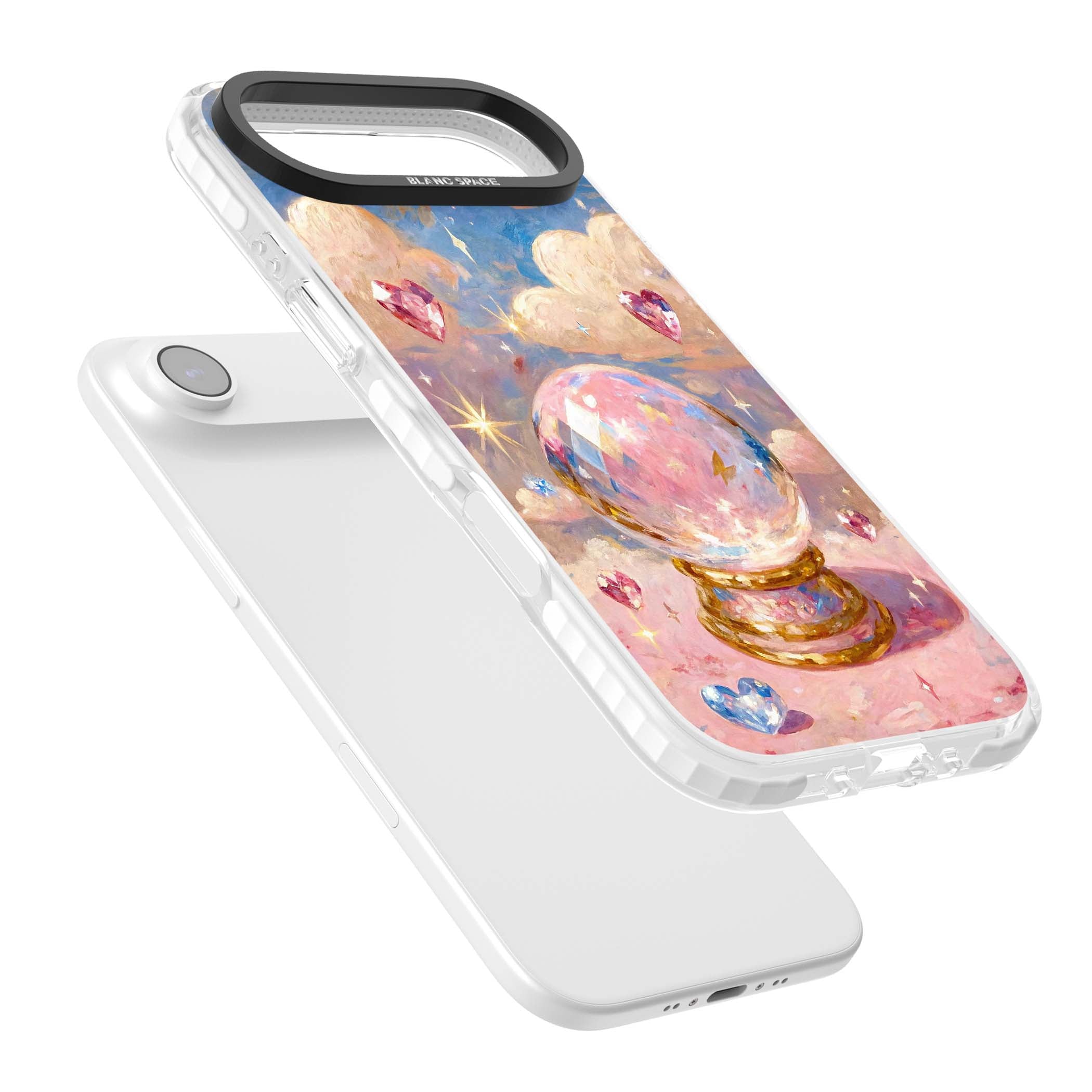 Crystal Ball fairycore iPhone case featuring a painted crystal ball, heart gemstones, and pastel clouds | Black Impact case for iPhone Air