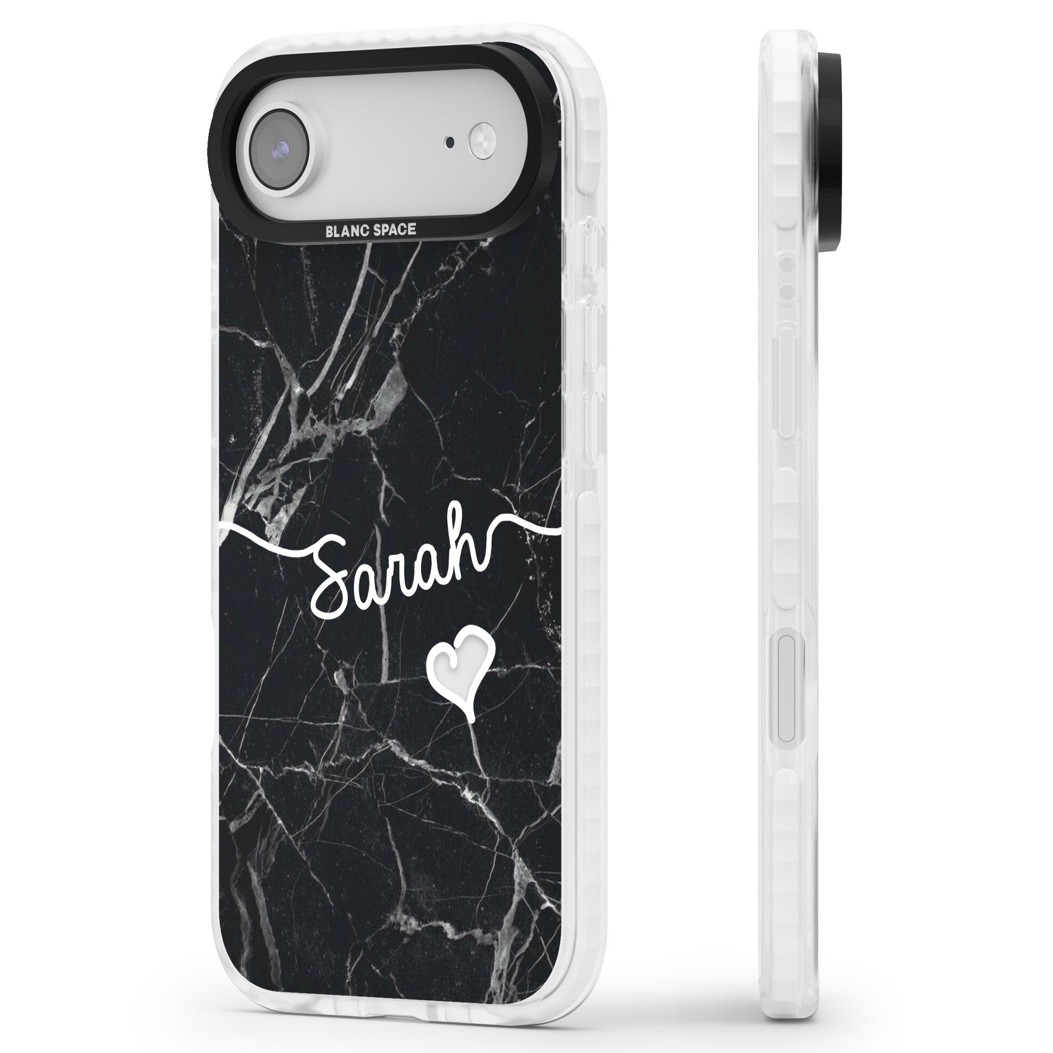Personalised Black Marble Heart iPhone 17 Air Impact Clear Phone Case Side Profile