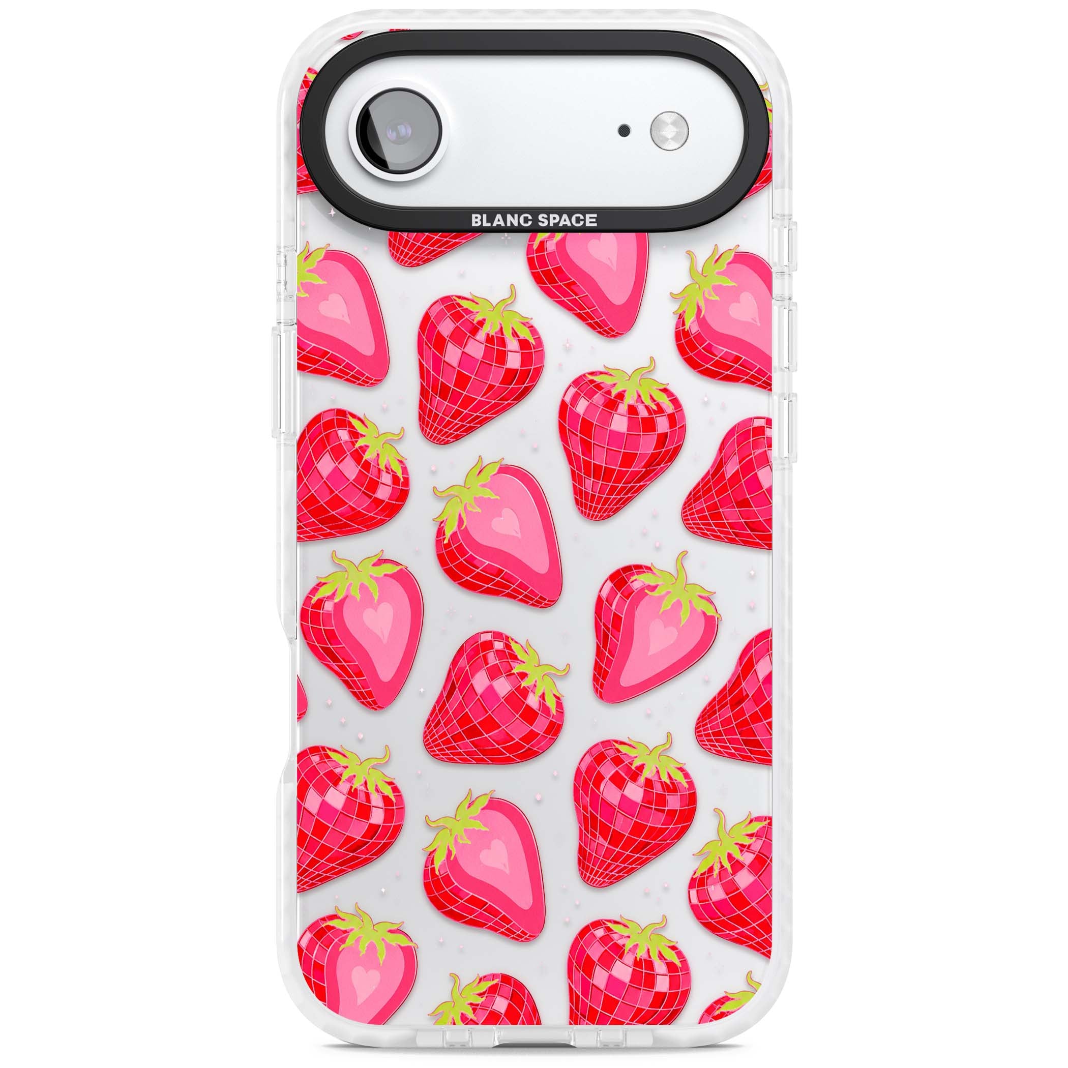 Disco Strawberry Y2K iPhone case featuring pink disco-ball strawberries, green leaves and tiny sparkles | Black Impact case for iPhone Air