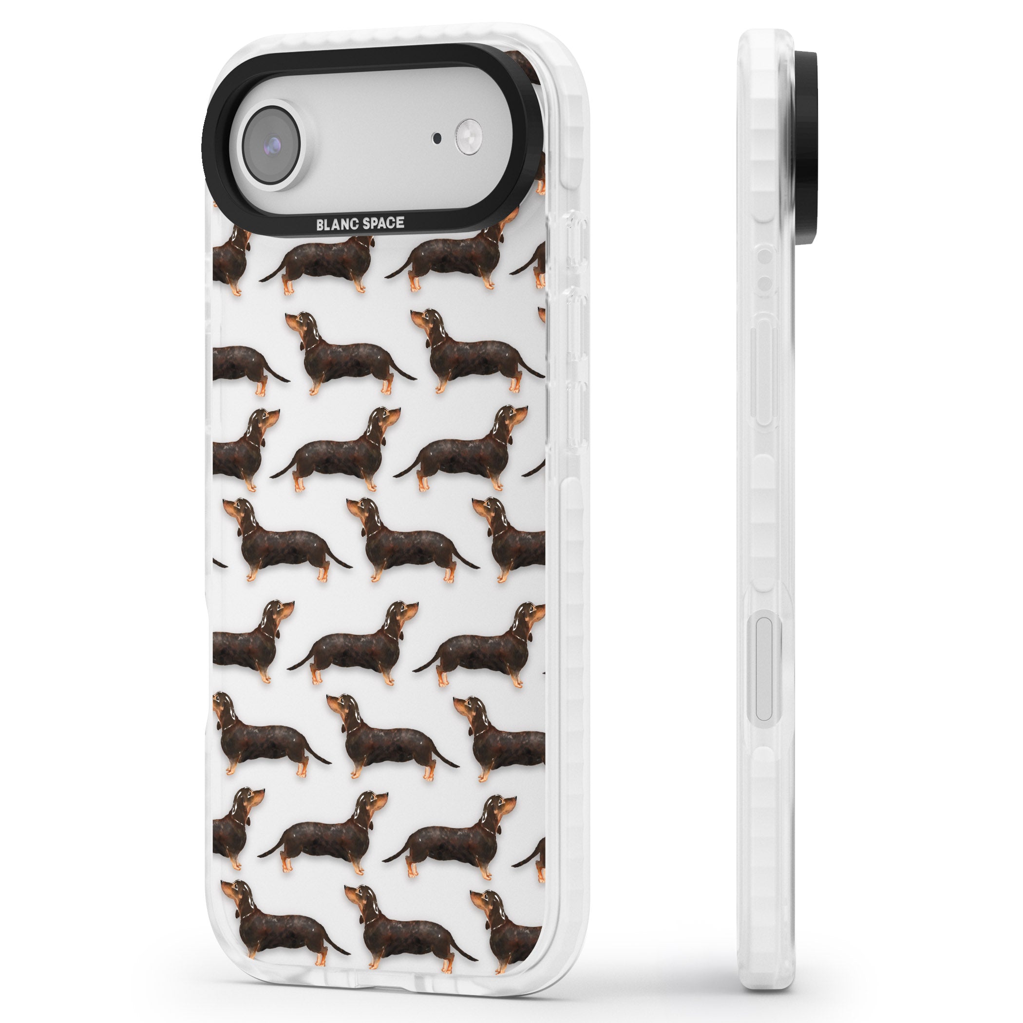 Dachshund Pattern Black Tan iPhone 17 Air Impact Clear Phone Case Side Profile
