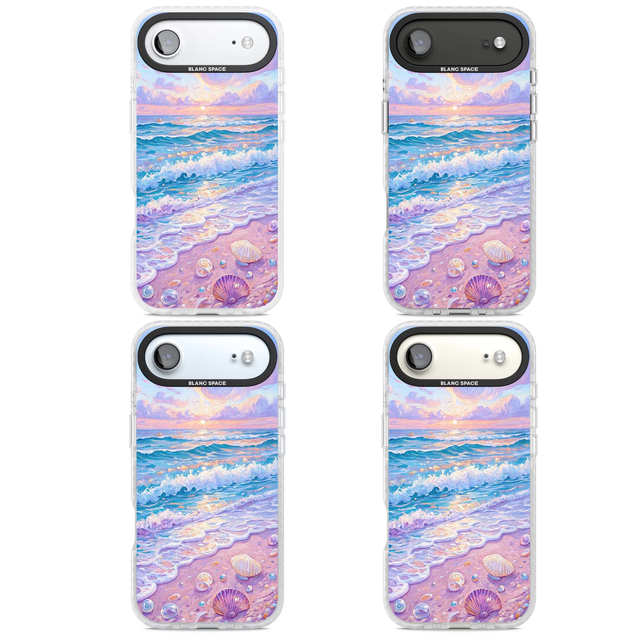 Pearl Shore coastal iPhone case featuring pastel painted waves, seashells, and a sunrise sky over a lavender beach. | Black Impact case for iPhone Air