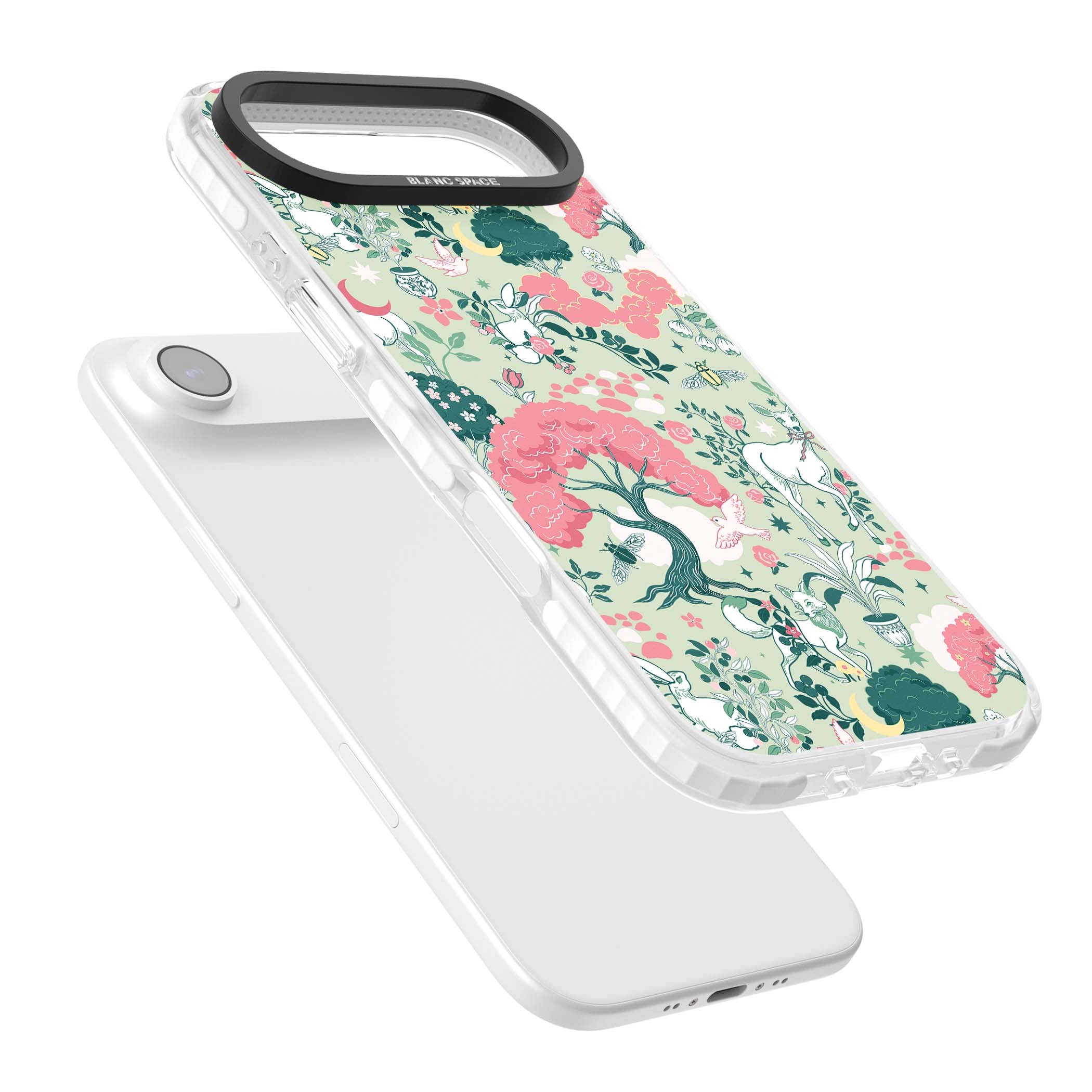 Enchanted Woodland cottagecore iPhone case featuring white deer, pink roses, mushrooms and woodland animals on sage green | Black Impact case for iPhone Air