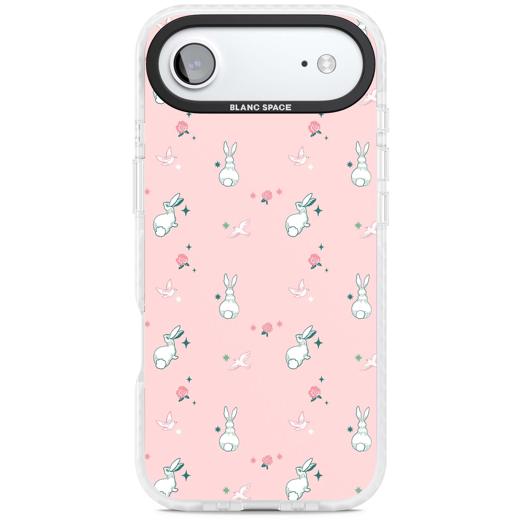 Bunny Garden kawaii iPhone case featuring white rabbits, pink roses, doves and stars on pink background | Black Impact case for iPhone Air
