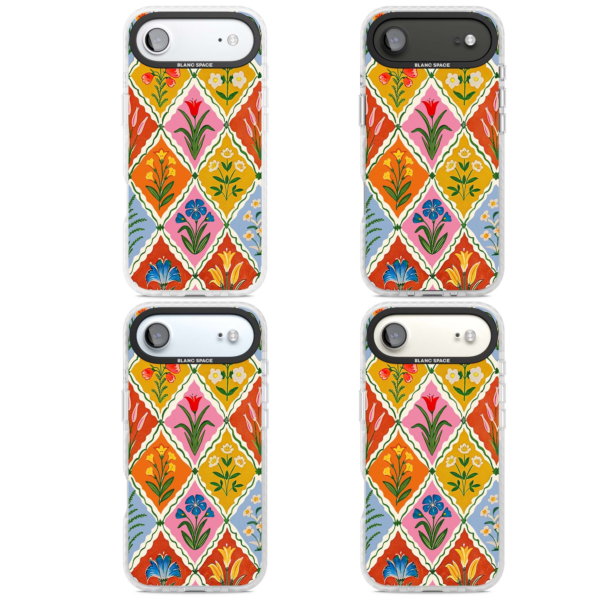 Floral Quilt boho floral iPhone case featuring diamond lattice pattern, hand-painted tulips and folk art wildflowers | Black Impact case for iPhone Air