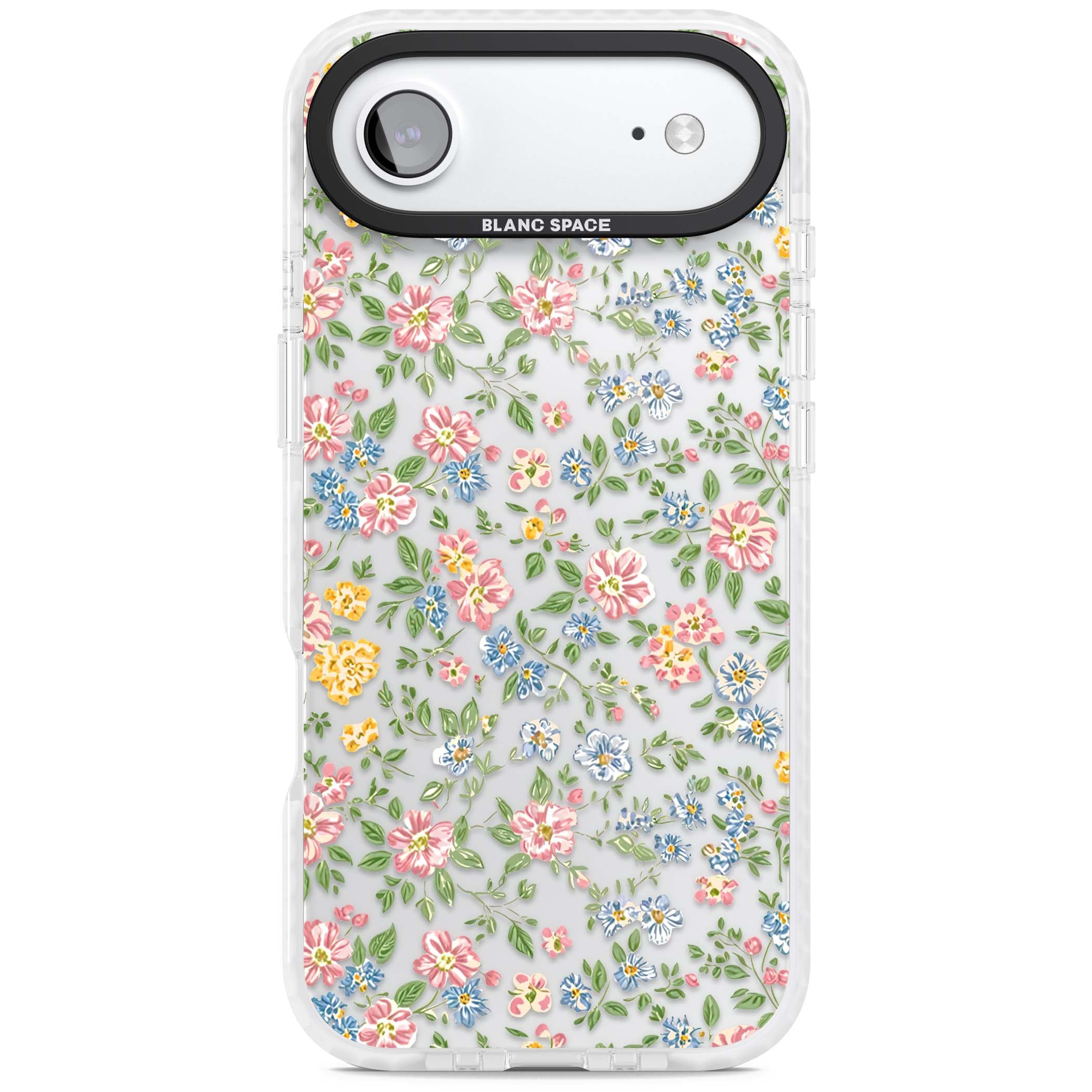 Soft Meadow cottagecore iPhone case featuring pink cosmos, blue forget-me-nots, yellow buttercups and green leaves sca | Black Impact case for iPhone Air