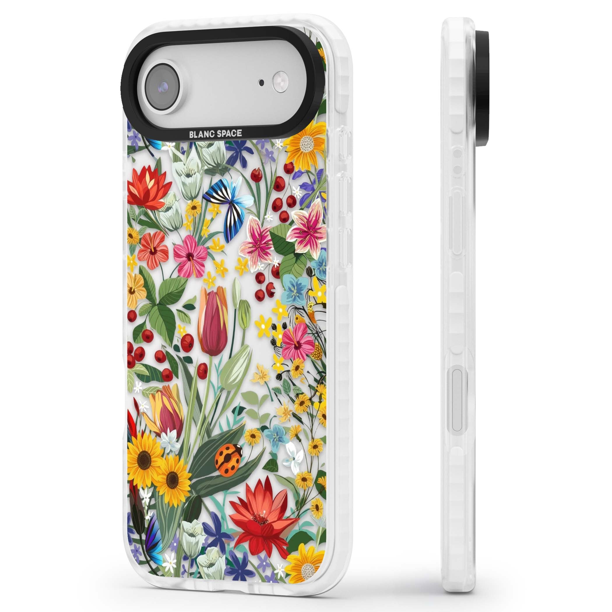 Botanical Bloom cottagecore iPhone case featuring colorful wildflowers, sunflowers, and ladybugs on clear background | Black Impact case for iPhone Air