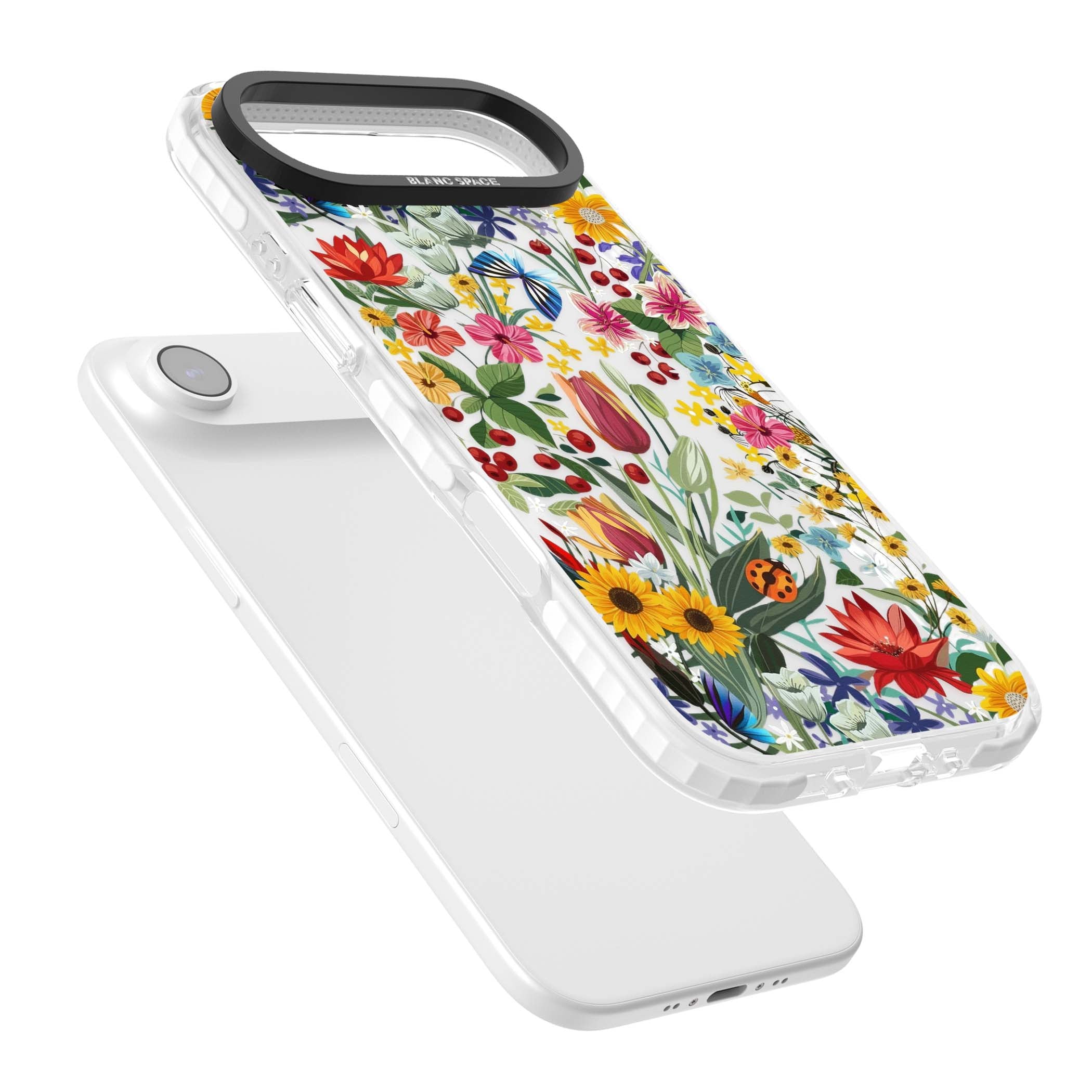 Botanical Bloom cottagecore iPhone case featuring colorful wildflowers, sunflowers, and ladybugs on clear background | Black Impact case for iPhone Air