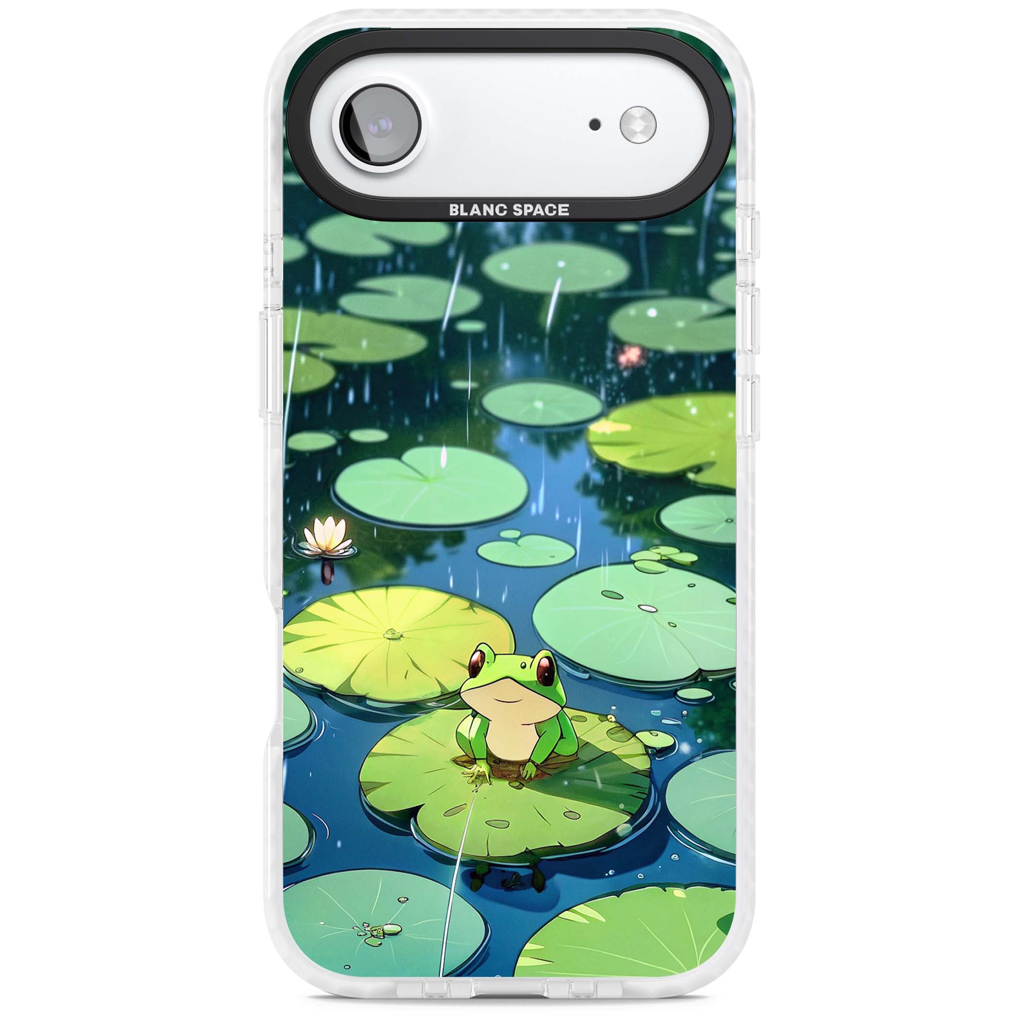 Frog In Lily Pond cottagecore iPhone case featuring a cute green frog on a lily pad with falling rain and a lotus flower | Black Impact case for iPhone Air