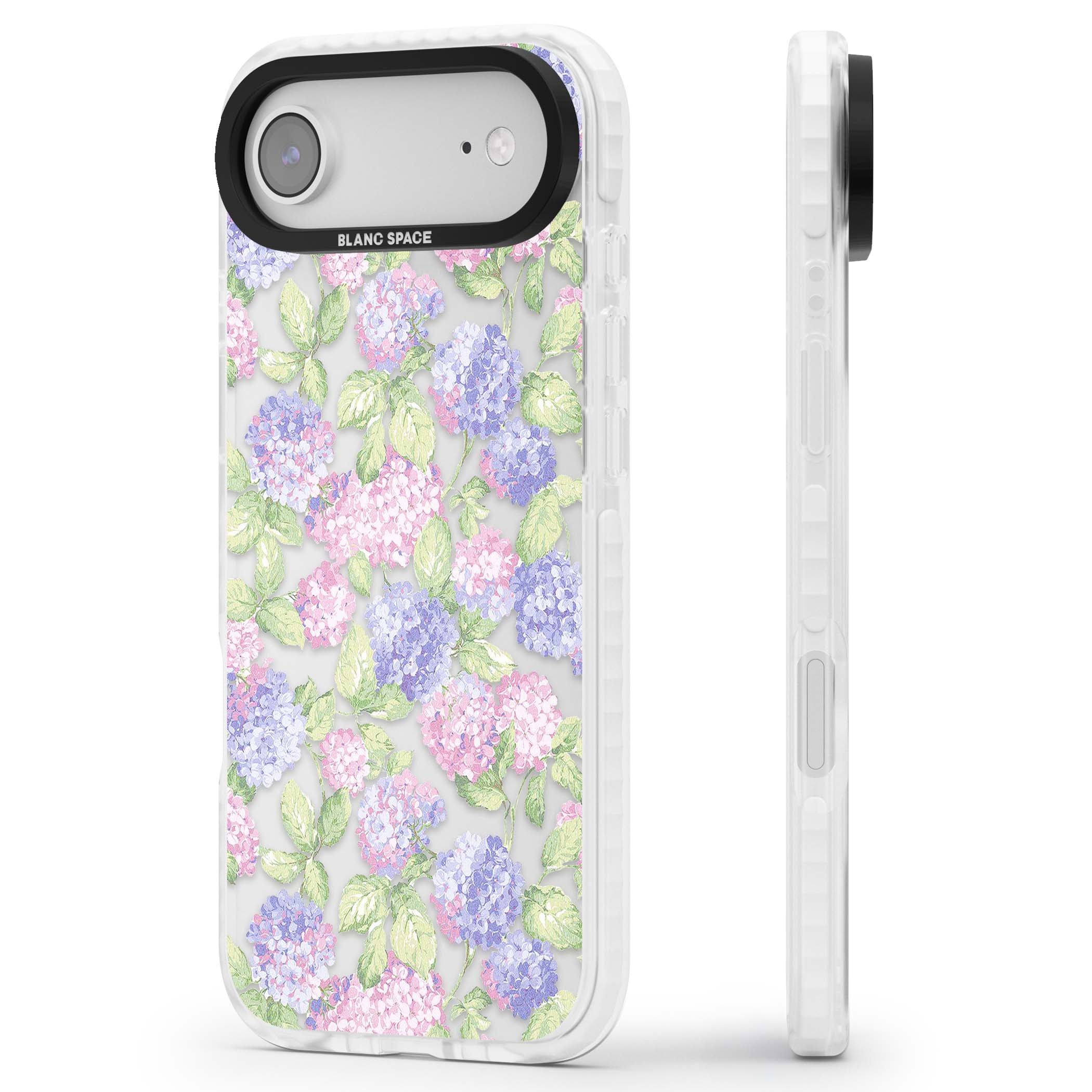 Cottage Hydrangea cottagecore iPhone case featuring pink and purple hydrangea blooms with green leaves on a clear background | Black Impact case for iPhone Air