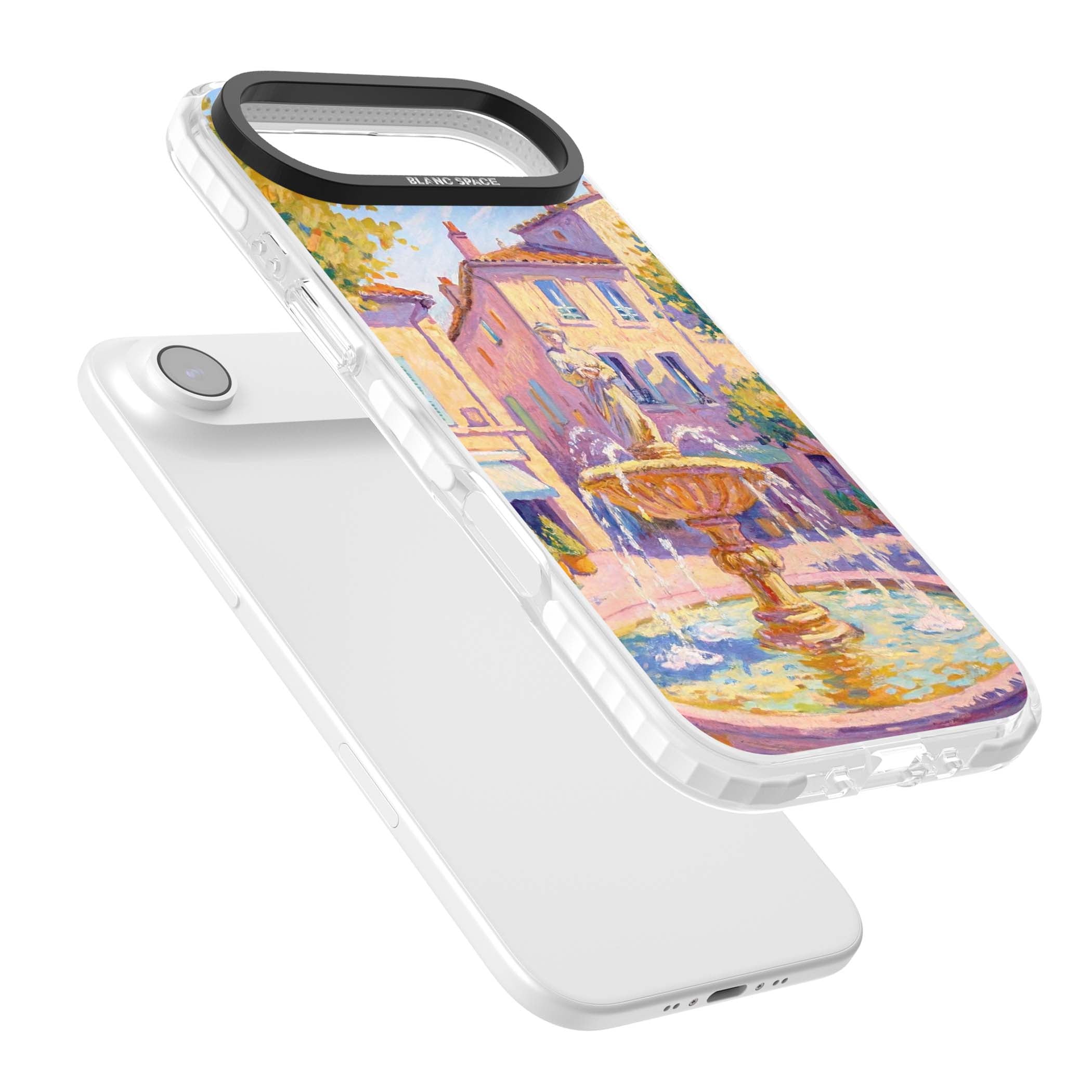 Fountain Square fine art iPhone case featuring an impressionist Provençal fountain, pastel village buildings and summe | Black Impact case for iPhone Air