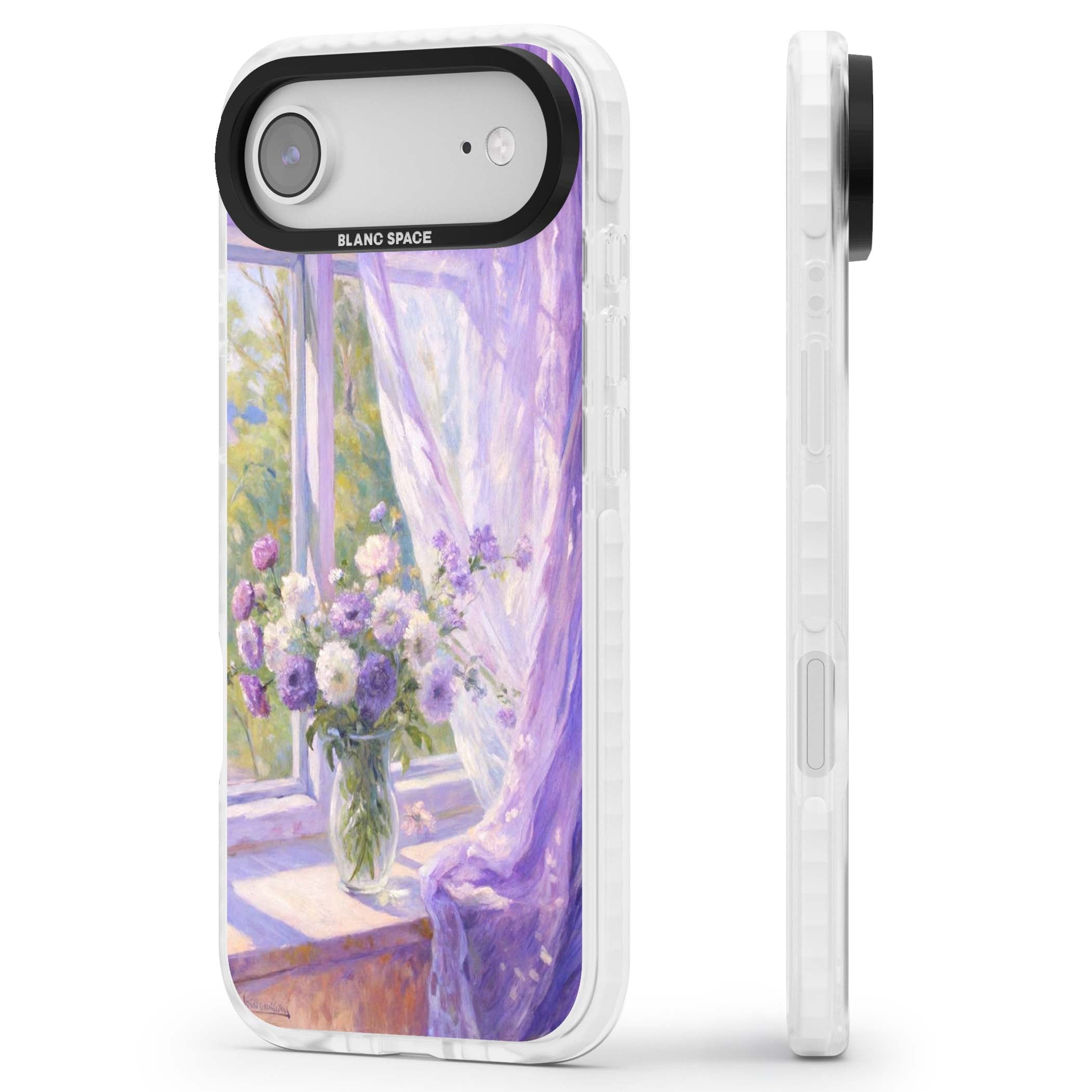 A Provence Morning impressionist art iPhone case featuring a vase of purple flowers, sunlit window and sheer curt | Black Impact case for iPhone Air
