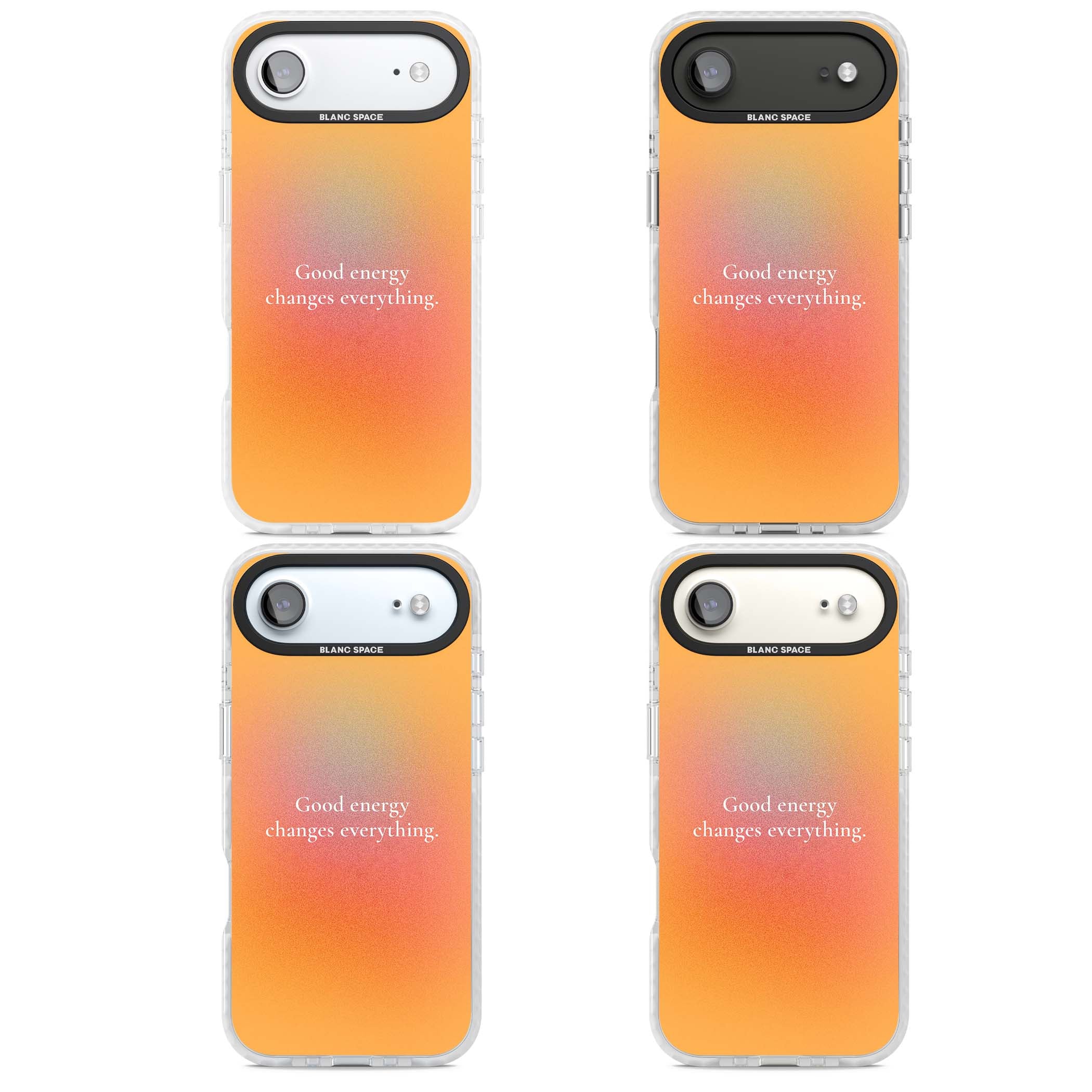 Good Energy quote iPhone case featuring an orange and pink aura gradient with white serif affirmation text | Impact Magsafe case for iPhone Air
