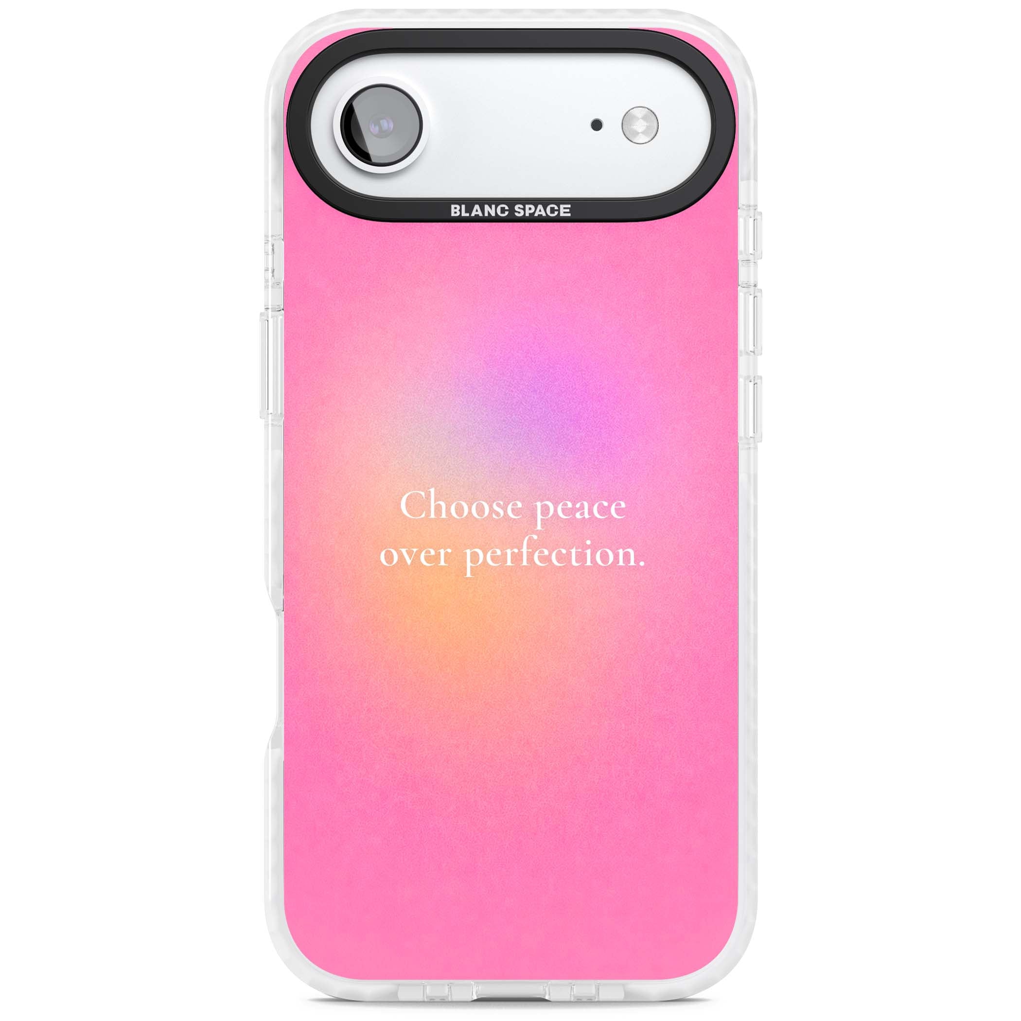 Peace Over Perfection quote iPhone case featuring a dreamy pink aura gradient and delicate white affirmation text | Impact Magsafe case for iPhone Air