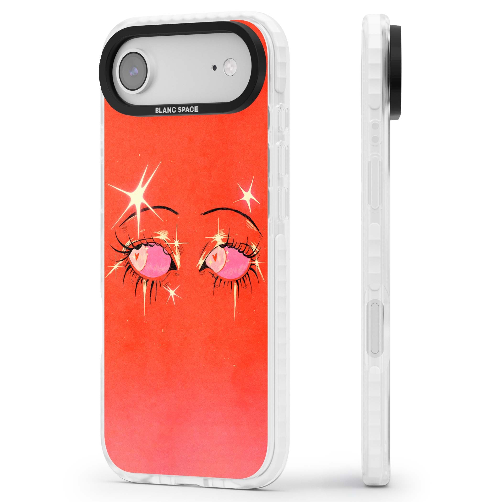 Pink Ethereal Eyes anime iPhone case featuring hand-drawn sparkly eyes with pink hearts and gold stars on red | Impact Magsafe case for iPhone Air