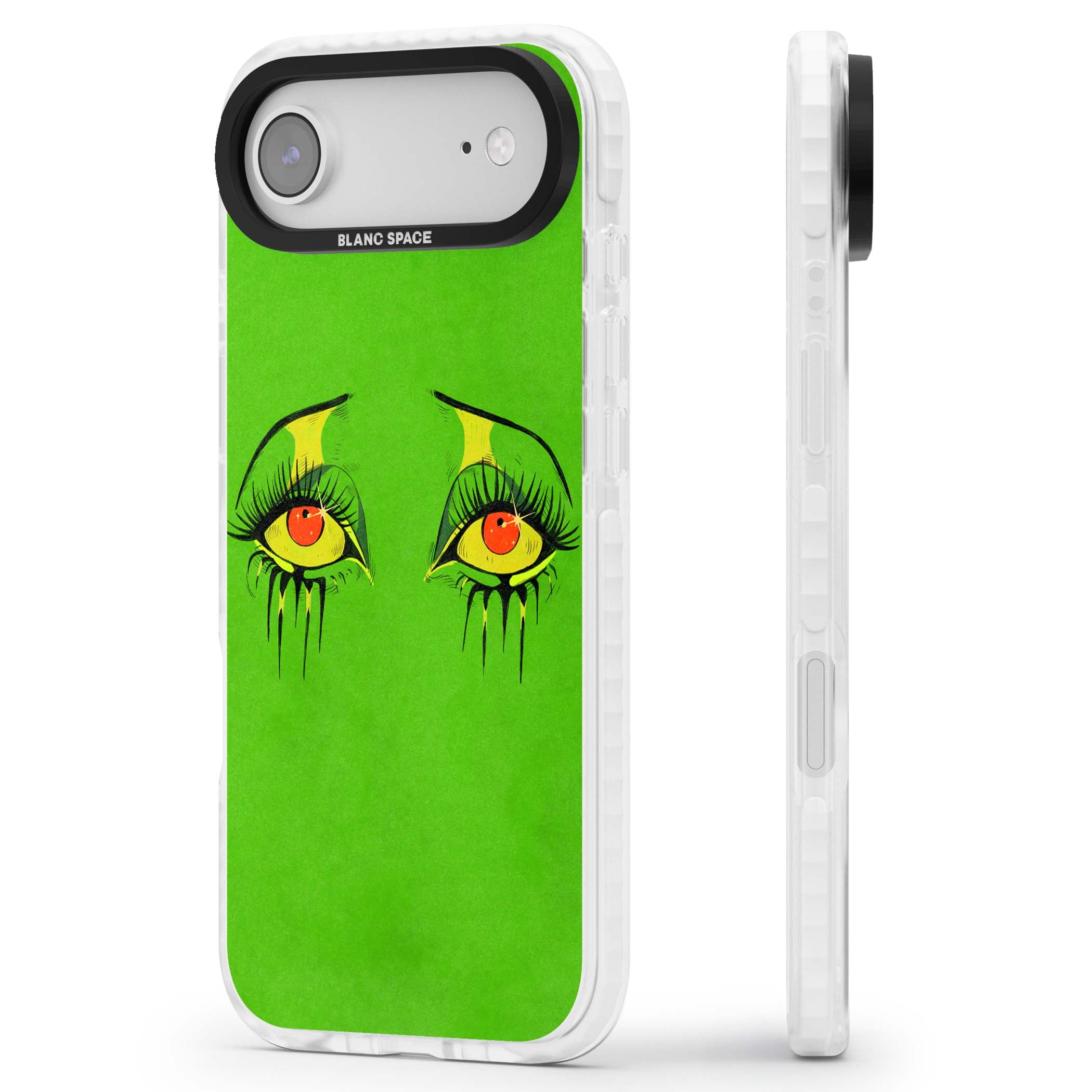 Green Enchanted Eyes psychedelic art iPhone case featuring hand-drawn dripping eyes on neon green background | Impact Magsafe case for iPhone Air
