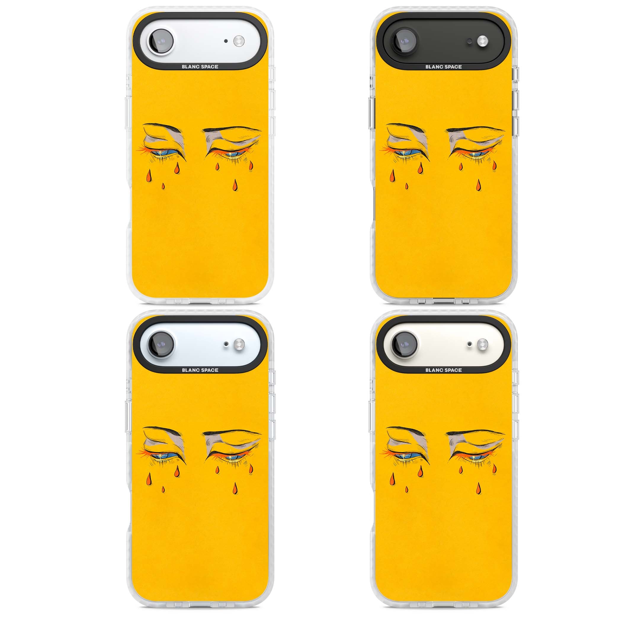 Yellow Tearful Eyes indie iPhone case featuring hand-drawn crying eyes with orange tears on a yellow background | Impact Magsafe case for iPhone Air