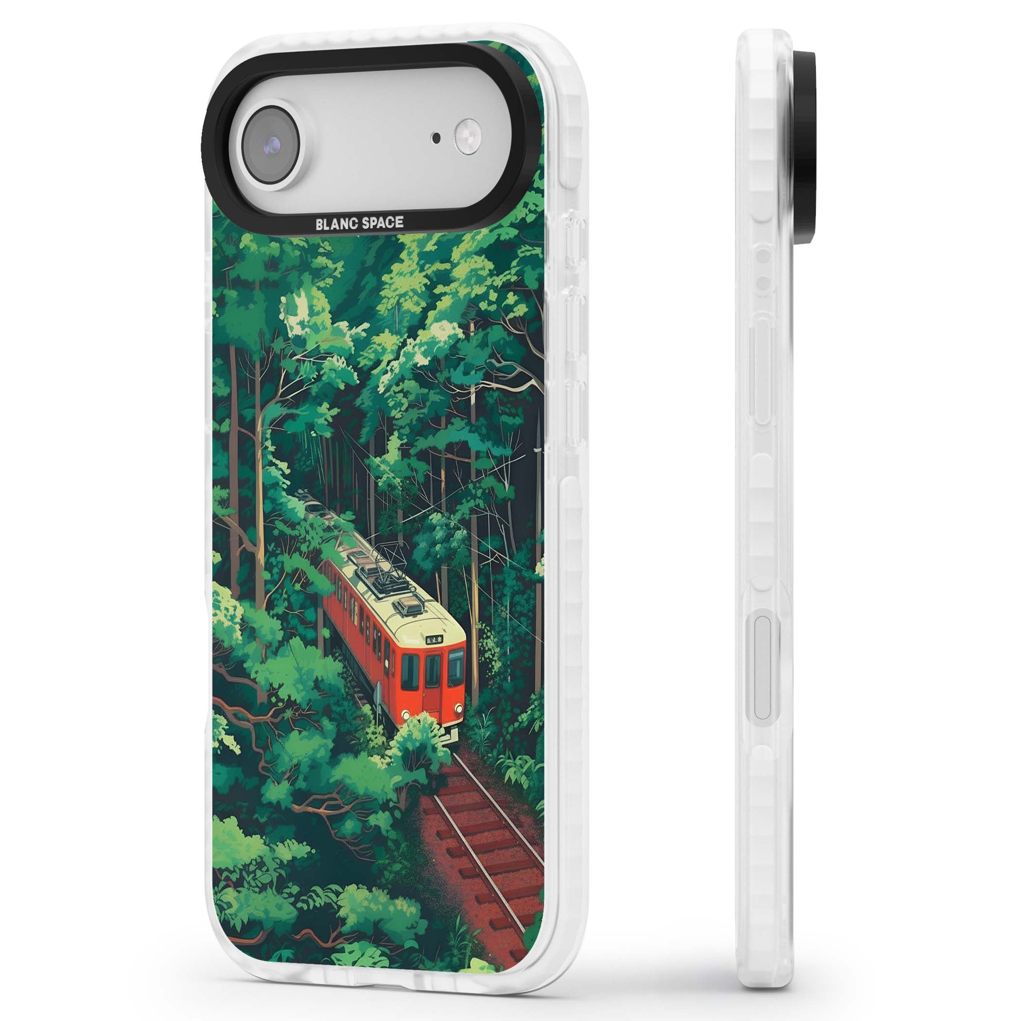 Railway In Toyama Japanese iPhone case featuring a red train, cedar forest and winding mountain railway tracks | Impact Magsafe case for iPhone Air