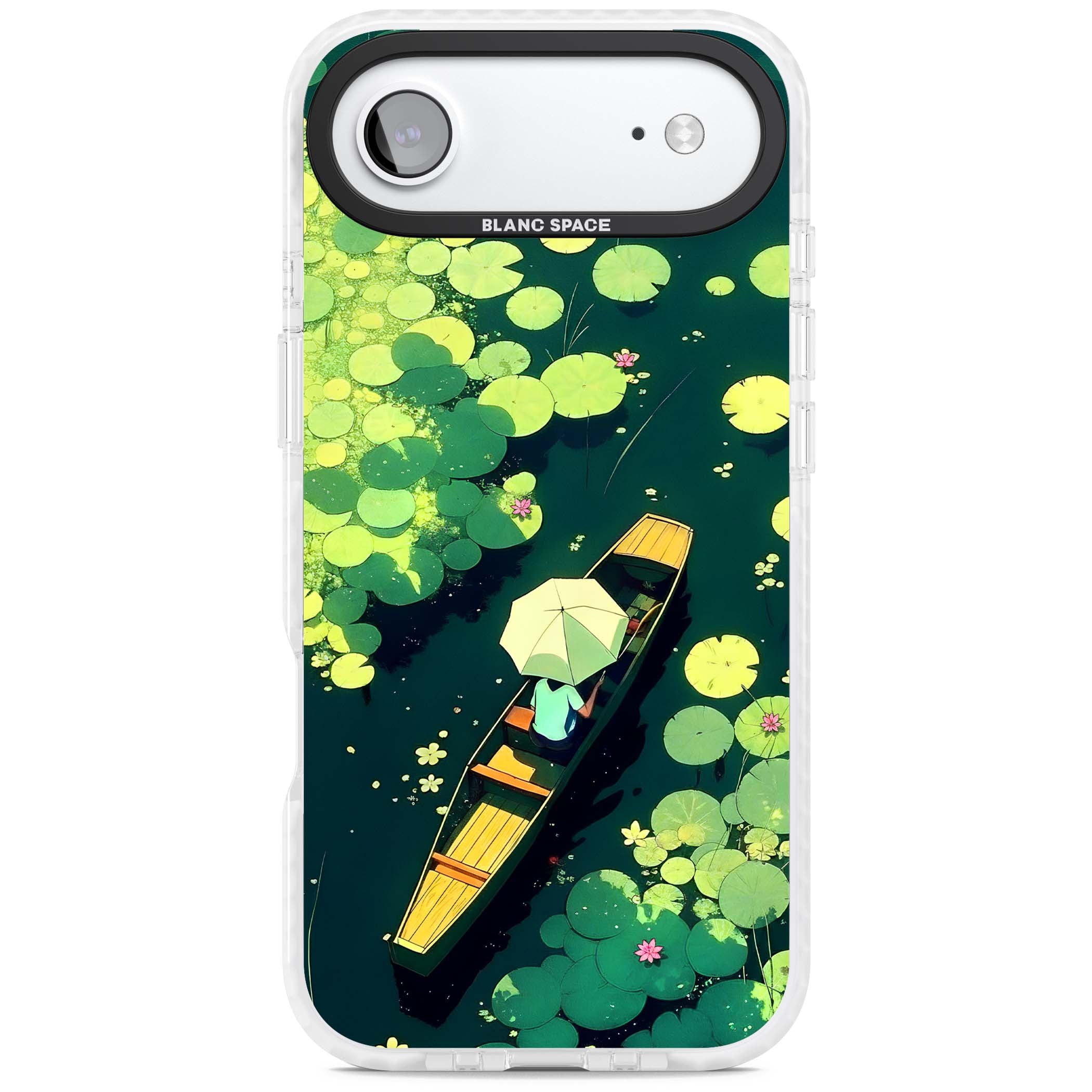 Jade Waters cottagecore iPhone case featuring a painted lily pond, wooden boat with parasol and floating water lilies | Impact Magsafe case for iPhone Air