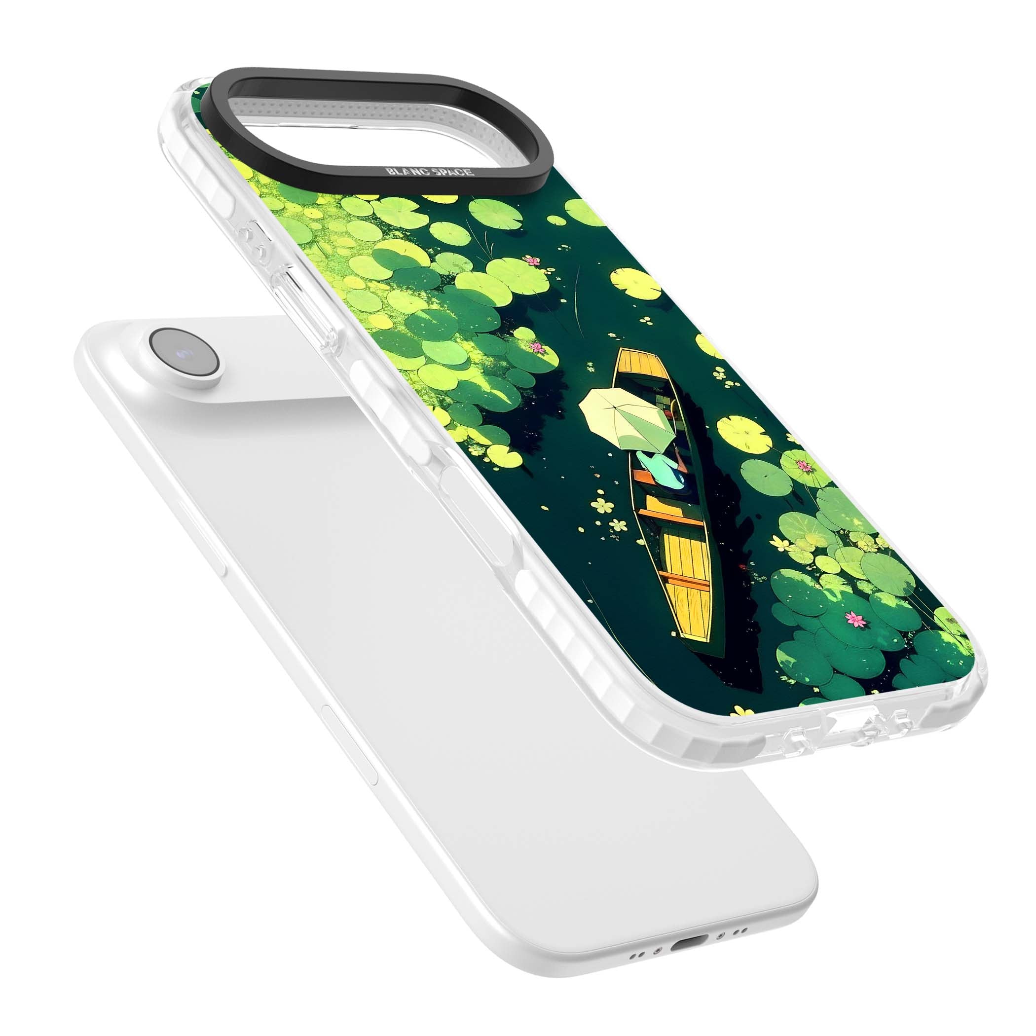 Jade Waters cottagecore iPhone case featuring a painted lily pond, wooden boat with parasol and floating water lilies | Impact Magsafe case for iPhone Air