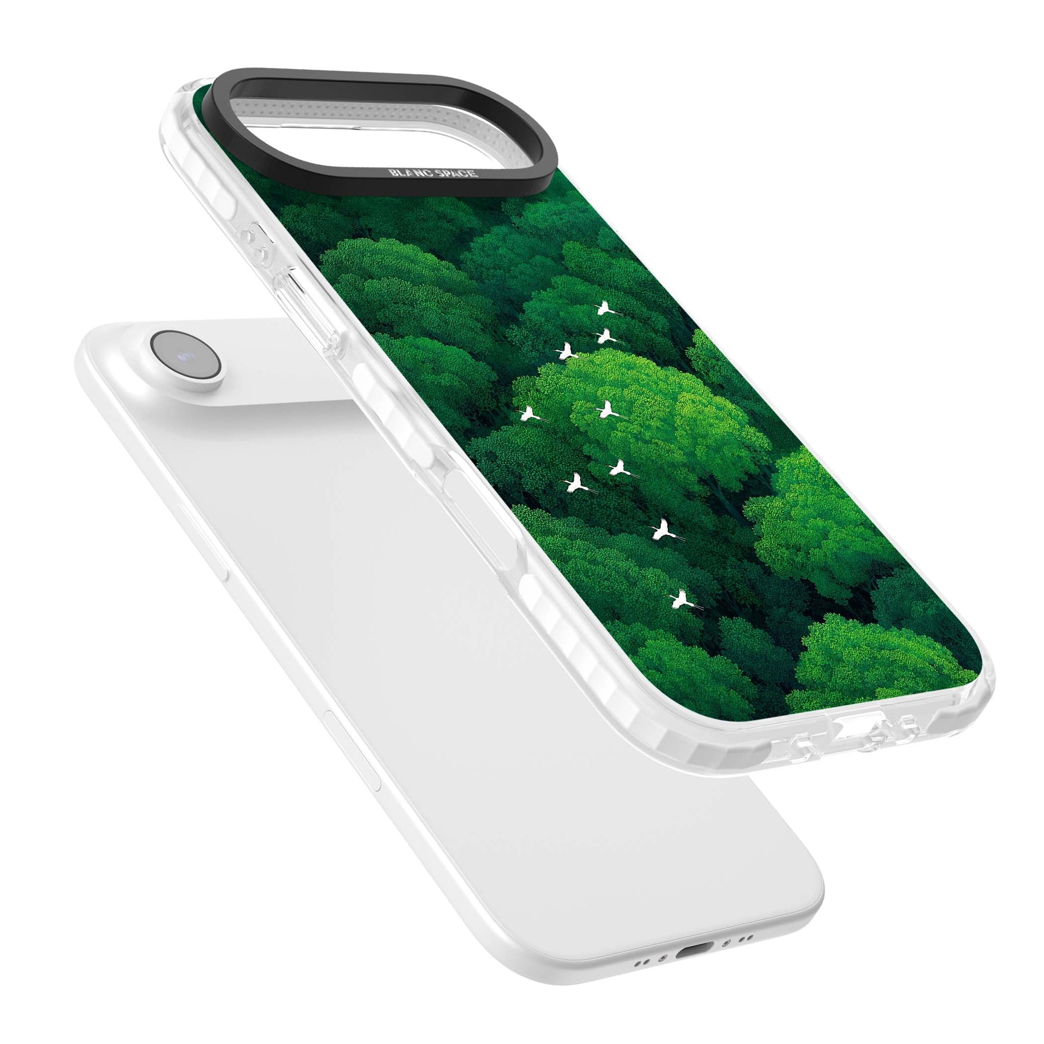 Grove Migration forest iPhone case featuring white cranes flying over lush green treetop canopy | Impact Magsafe case for iPhone Air