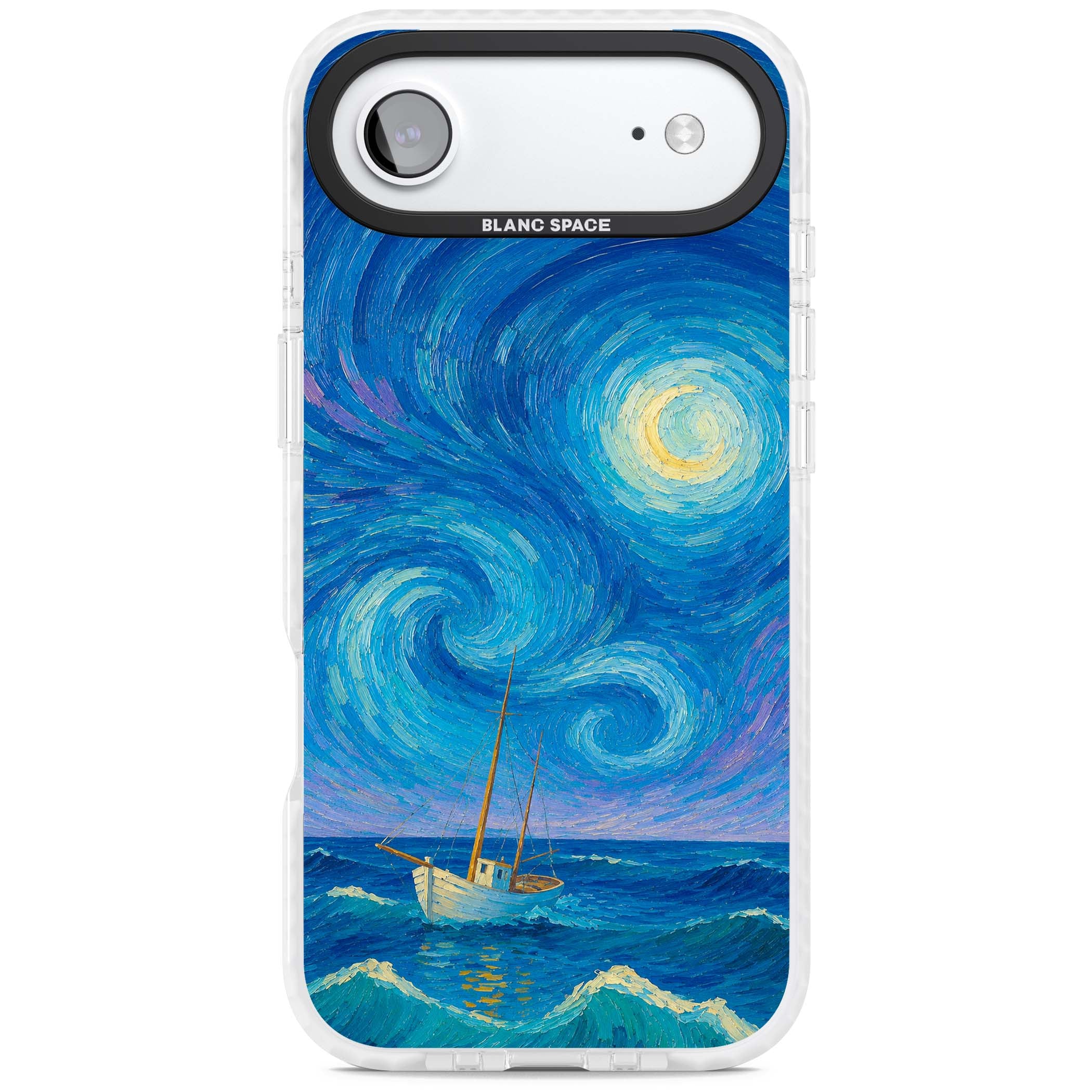 Moonlit Tide Van Gogh art iPhone case featuring swirling starry night sky, glowing moon and lone sailing boat at sea | Impact Magsafe case for iPhone Air