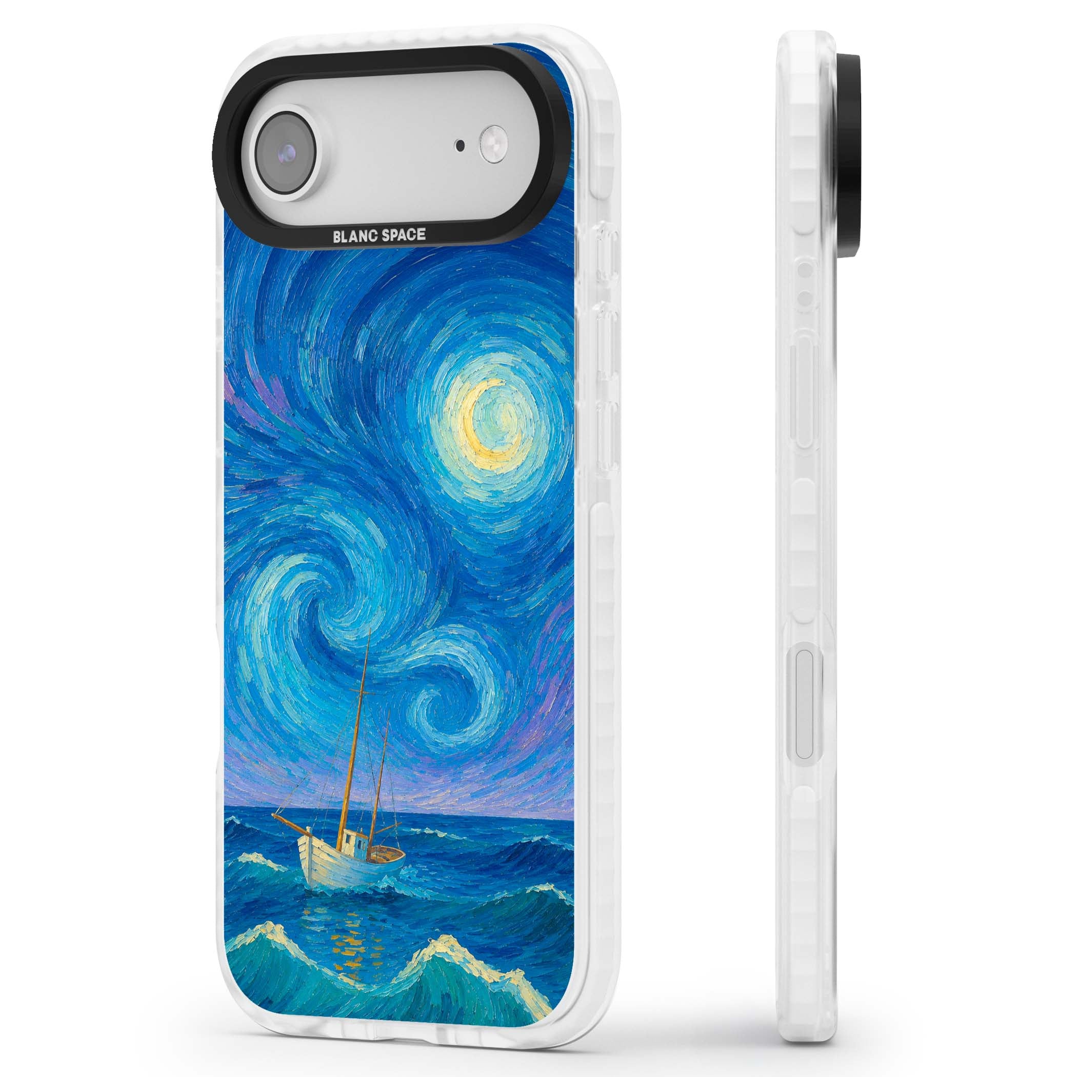 Moonlit Tide Van Gogh art iPhone case featuring swirling starry night sky, glowing moon and lone sailing boat at sea | Impact Magsafe case for iPhone Air