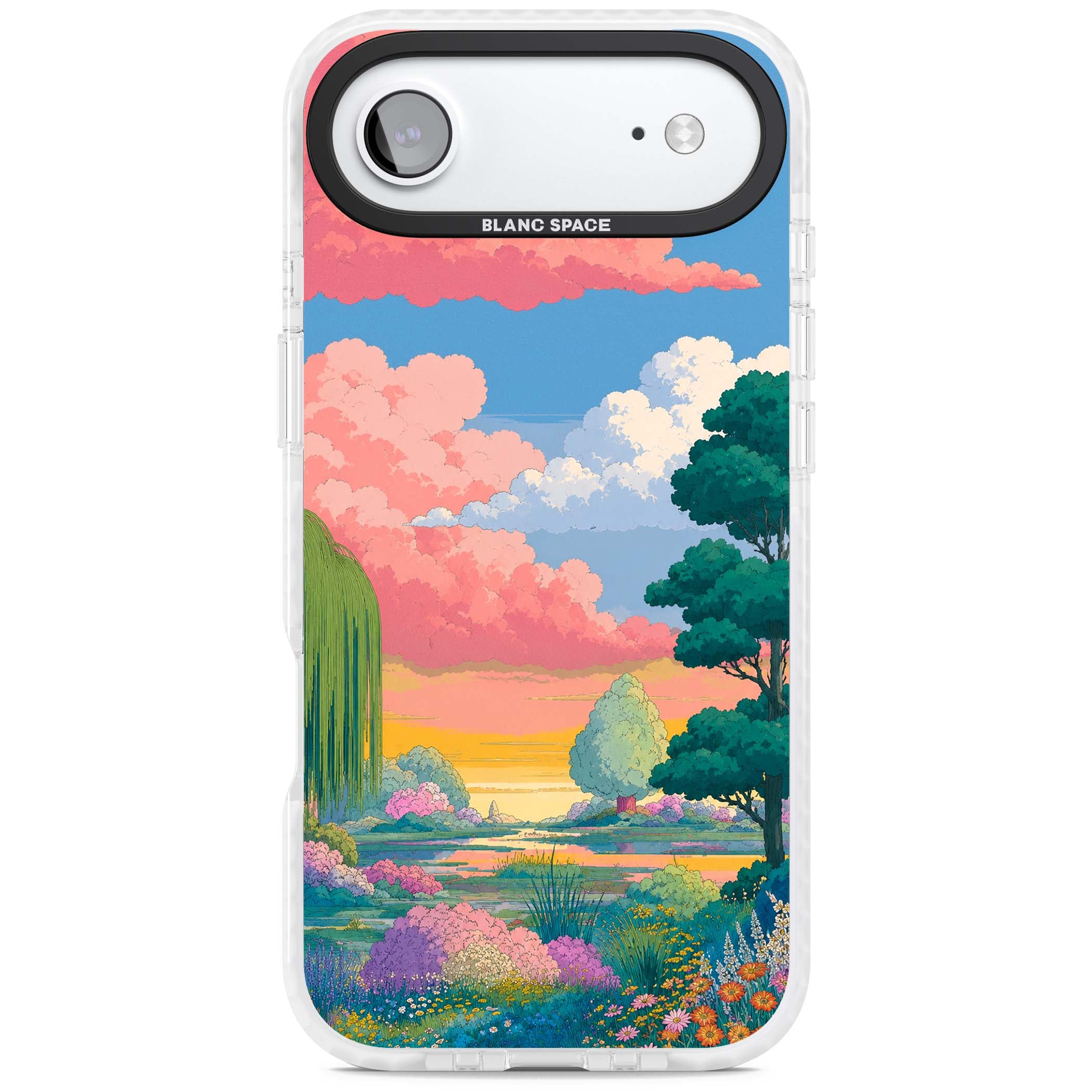 Dream Valley anime landscape iPhone case featuring pink sunset clouds, willow trees and wildflowers | Impact Magsafe case for iPhone Air