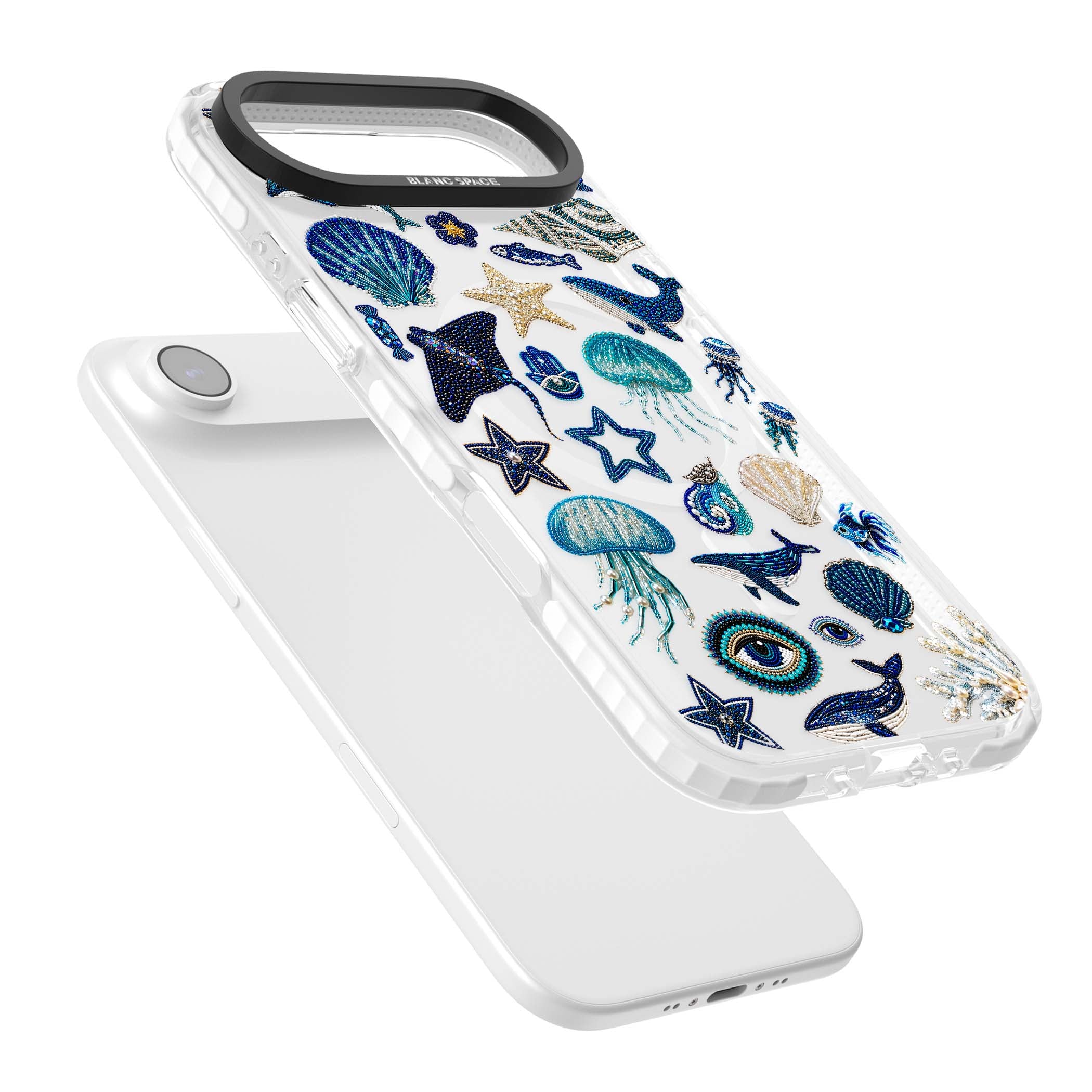 Beaded Coastal coastal iPhone case featuring embroidered seashells, jellyfish and a blue whale on clear | Impact Magsafe case for iPhone Air