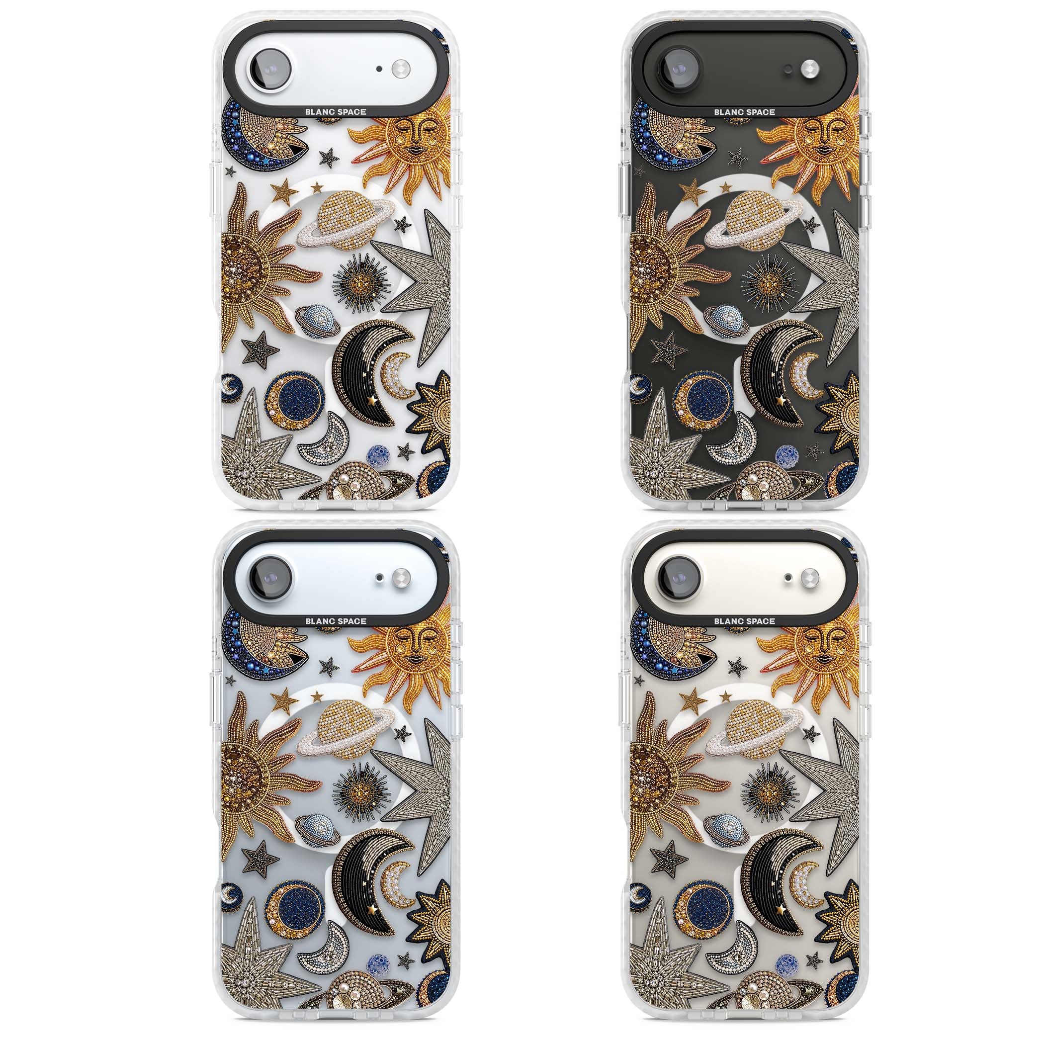 Beaded Cosmos celestial iPhone case featuring embroidered golden suns, beaded planets and silver shooting stars | Impact Magsafe case for iPhone Air