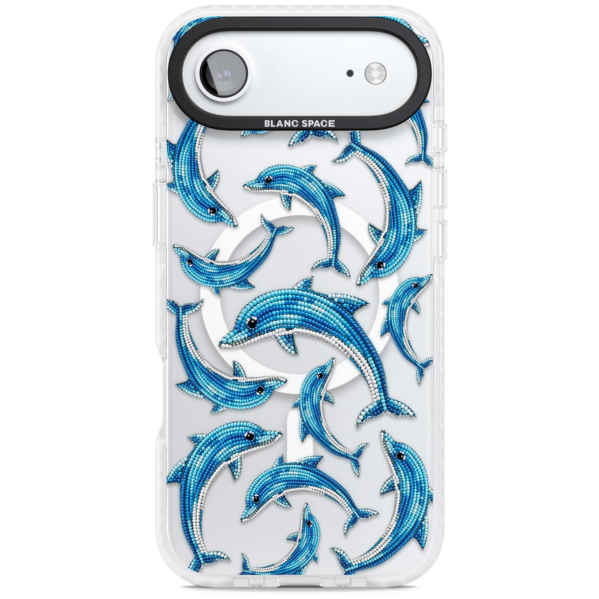 Beaded Dolphins coastal iPhone case featuring beaded dolphins in blue and white swimming across a clear background | Impact Magsafe case for iPhone Air