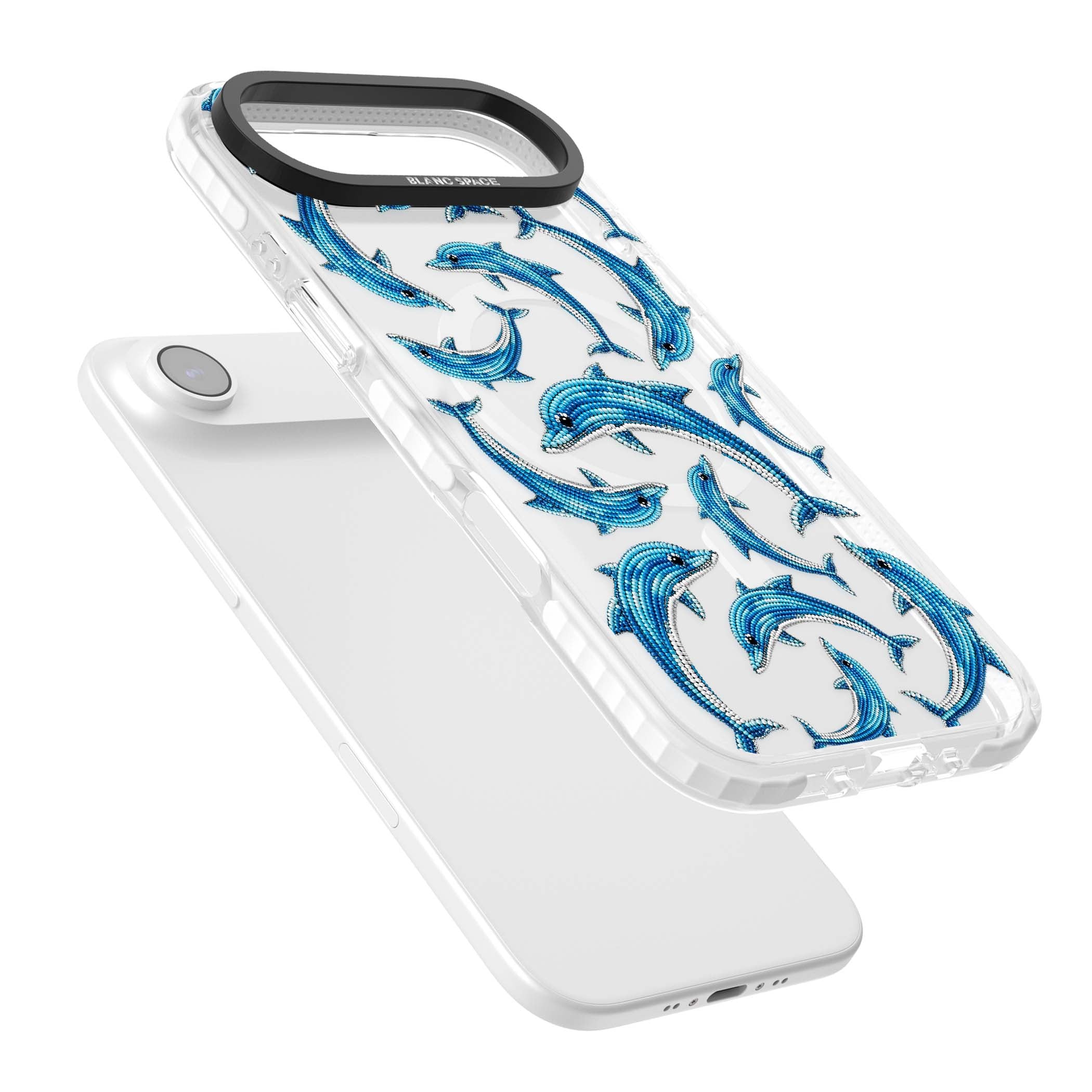 Beaded Dolphins coastal iPhone case featuring beaded dolphins in blue and white swimming across a clear background | Impact Magsafe case for iPhone Air