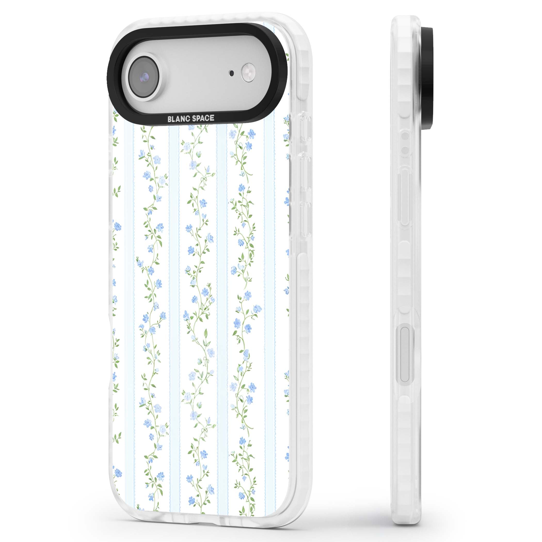 Bluebell Vine cottagecore iPhone case featuring climbing blue roses, trailing green vines, and pale ticking stripes | Impact Magsafe case for iPhone Air