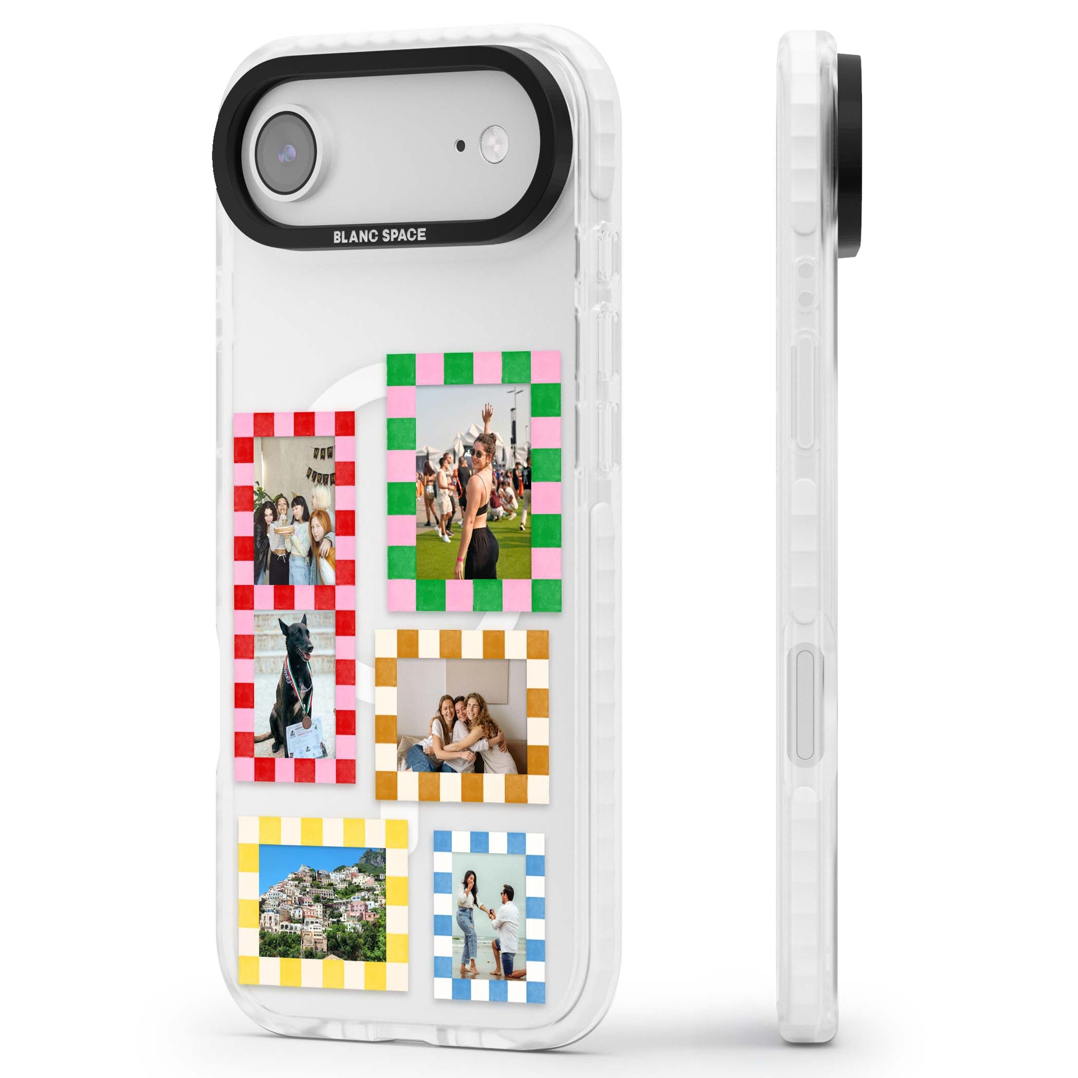 Italian Check Frames custom photo collage iPhone case featuring six checkered photo frames in red, green, pink and | Impact Magsafe case for iPhone Air