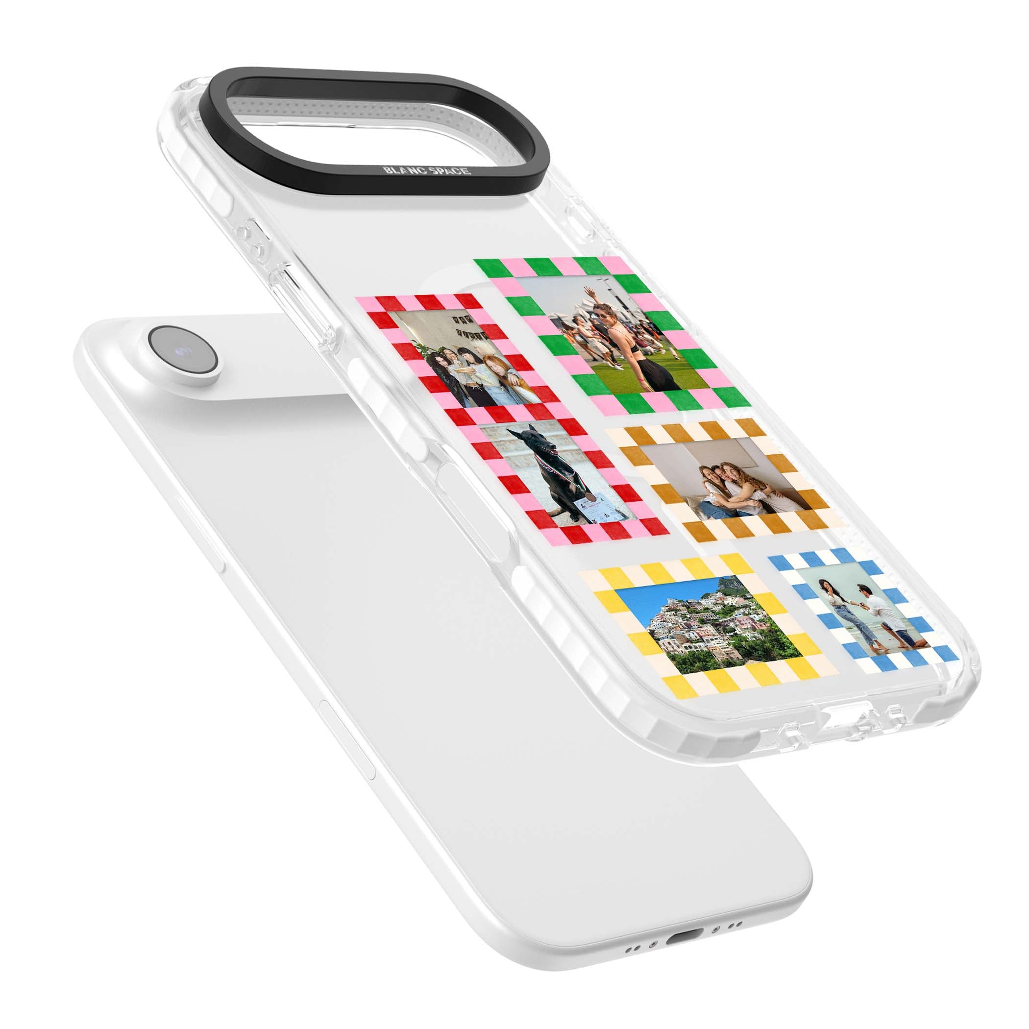 Italian Check Frames custom photo collage iPhone case featuring six checkered photo frames in red, green, pink and | Impact Magsafe case for iPhone Air