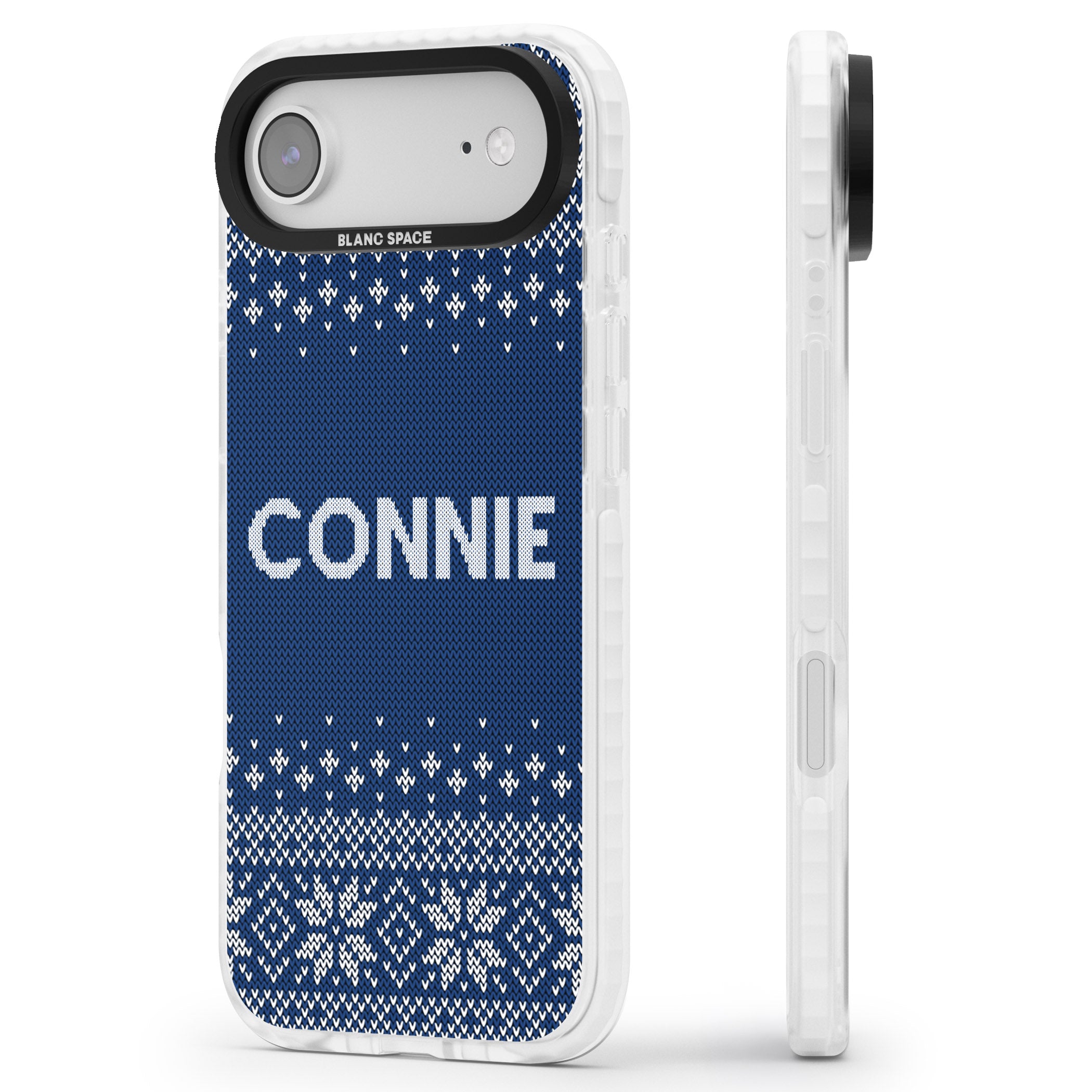 Personalised Blue Knitted Christmas iPhone 17 Air Impact Pro Clear Phone Case Side Profile
