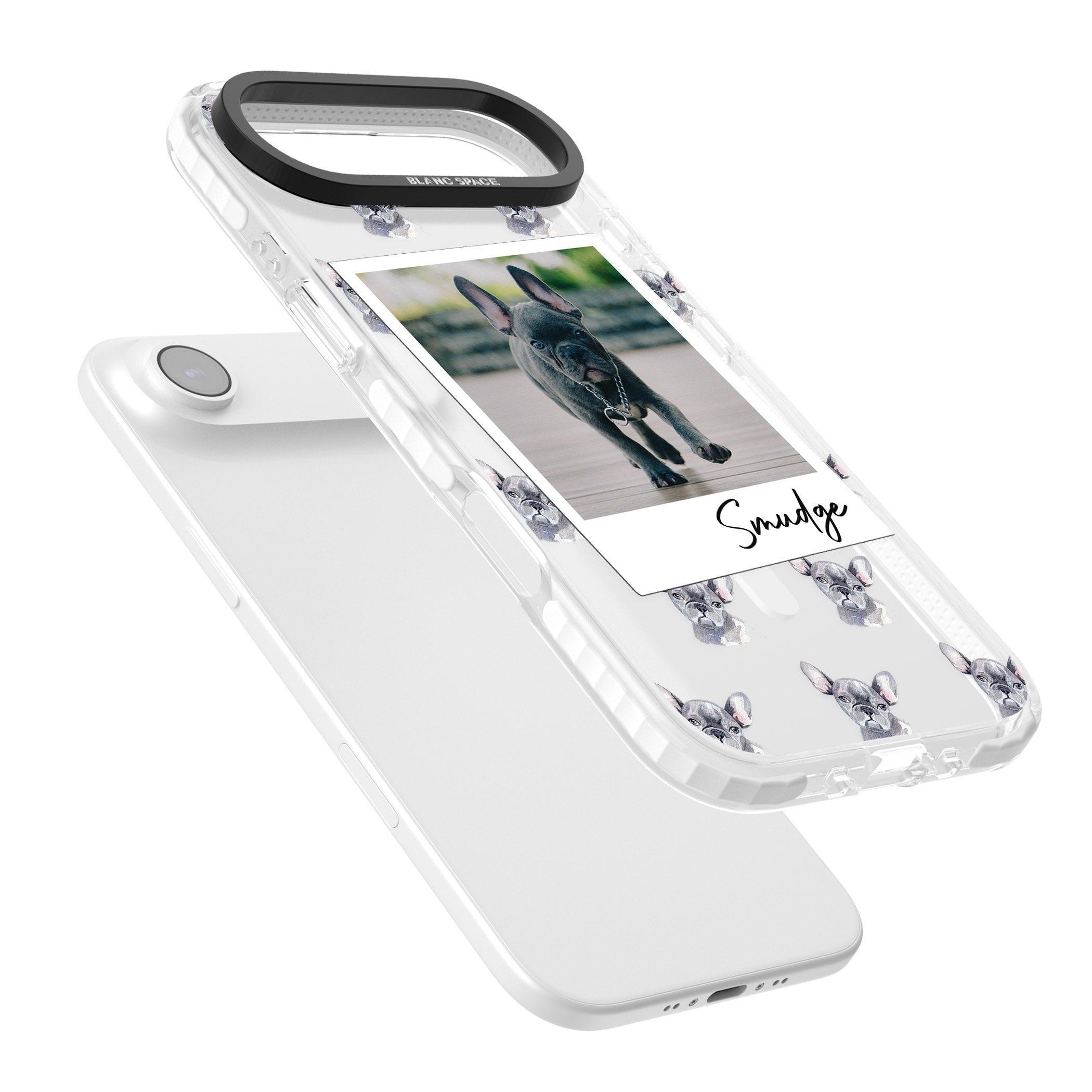 Personalised Grey French Bulldog Instant Camera Photo iPhone 17 Air Impact Pro Clear Phone Case Colours