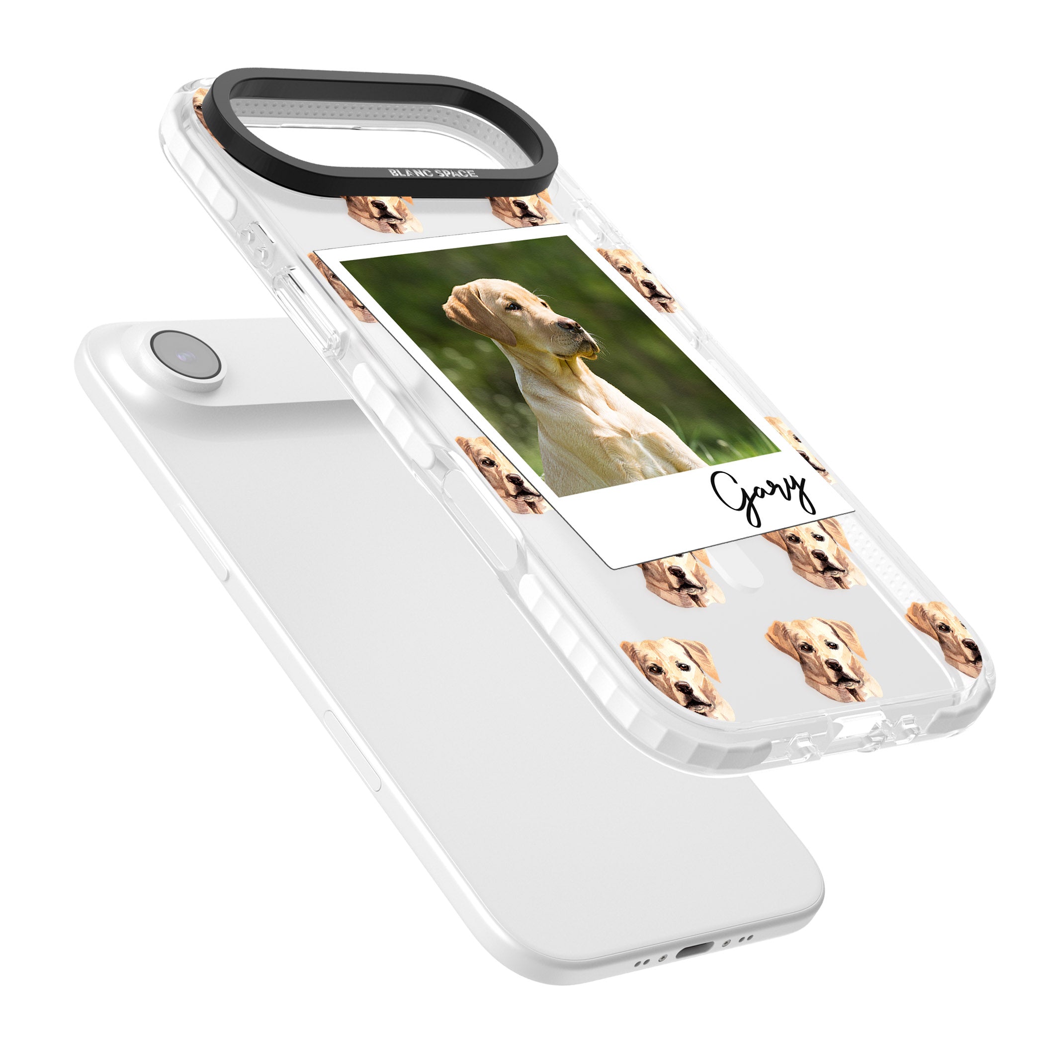 Personalised Tan Black Labrador Instant Camera Photo iPhone 17 Air Impact Pro Clear Phone Case Colours