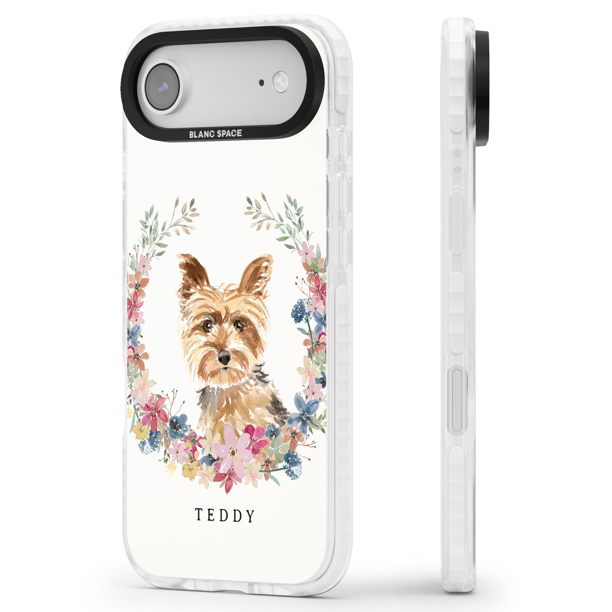 Personalised Yorkshire Terrier Floral Portrait iPhone 17 Air Impact Pro Clear Phone Case Side Profile