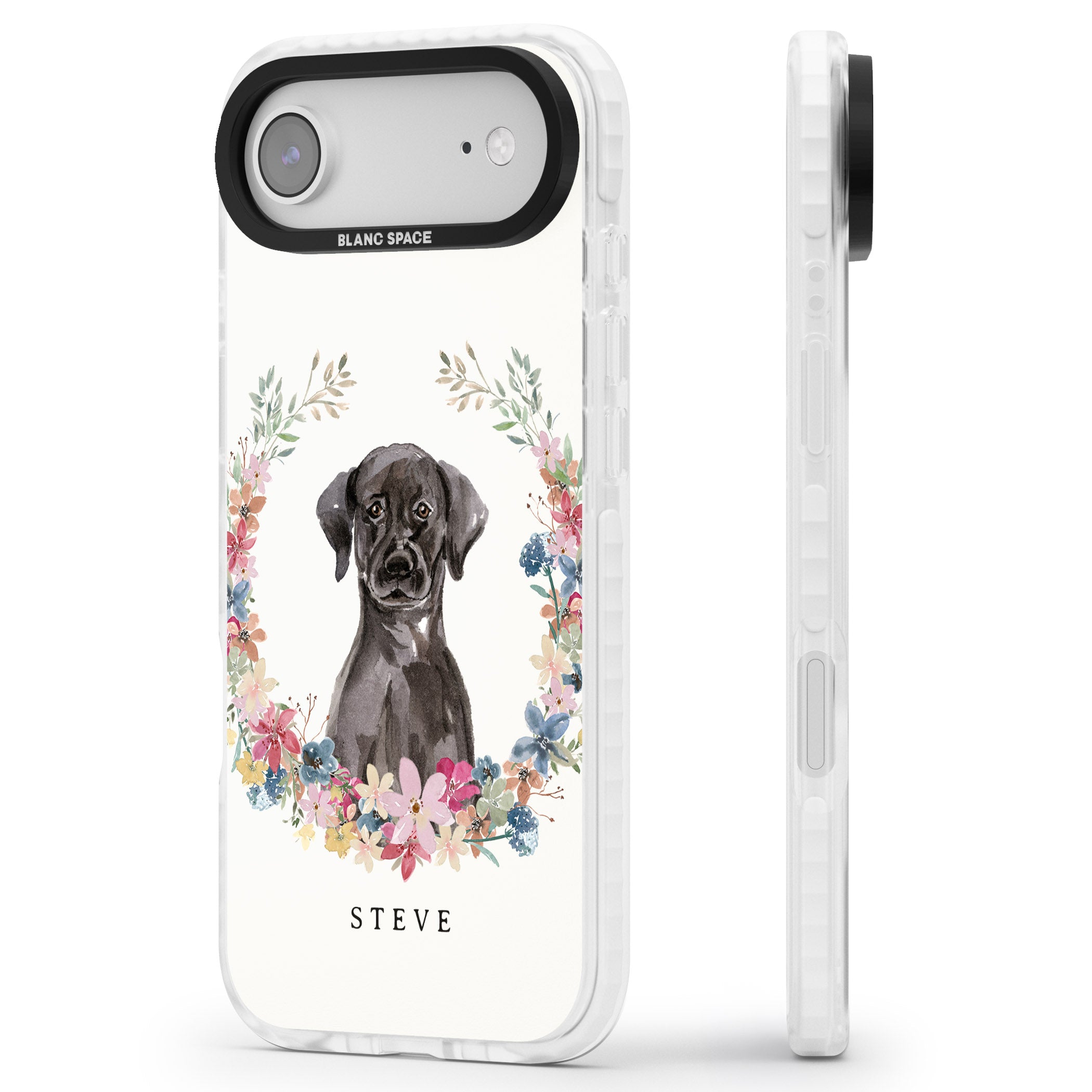 Personalised Black Labrador Floral Portrait iPhone 17 Air Impact Pro Clear Phone Case Side Profile