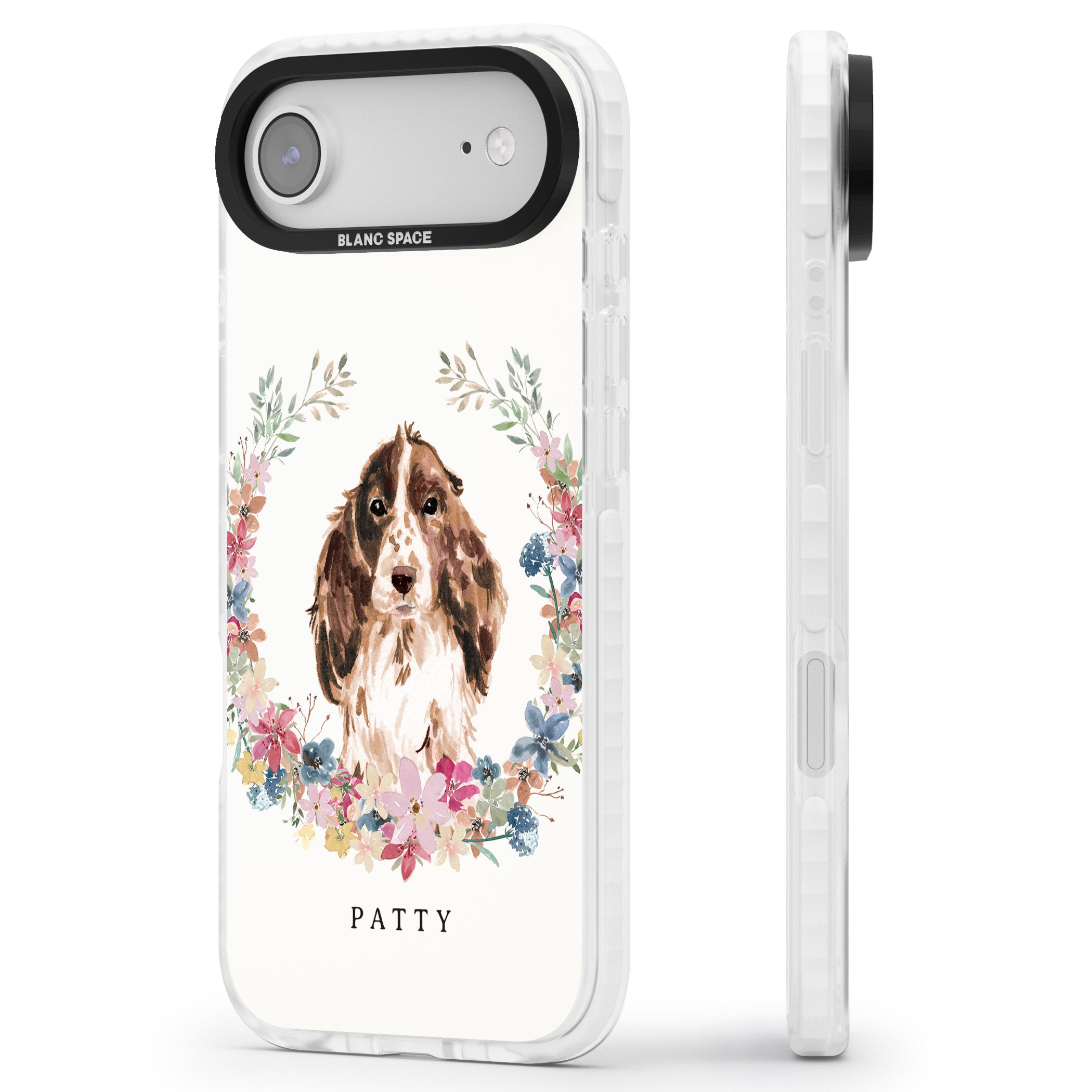 Personalised Cocker Spaniel Floral Portrait iPhone 17 Air Impact Pro Clear Phone Case Side Profile