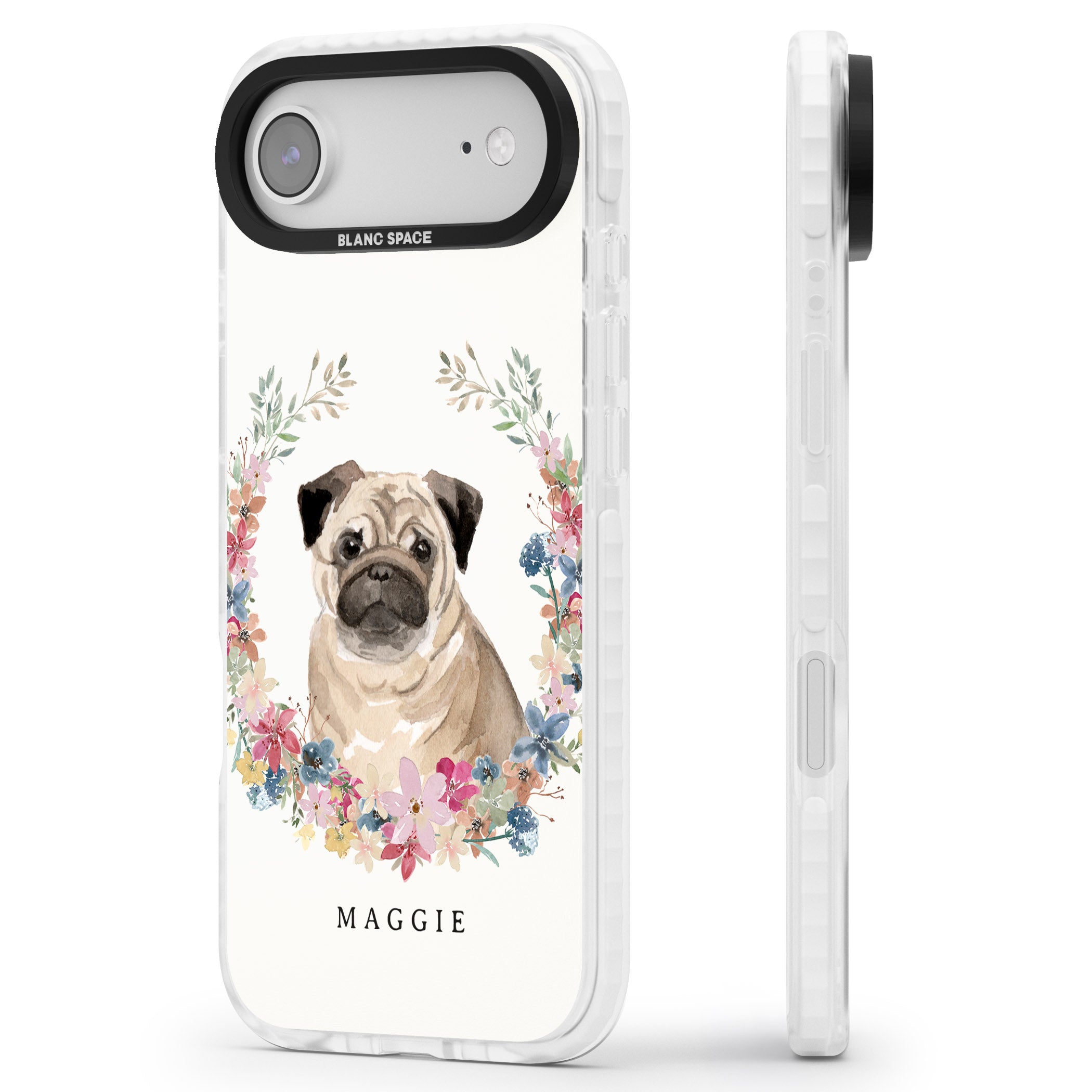 Personalised Pug Floral Portrait iPhone 17 Air Impact Pro Clear Phone Case Side Profile