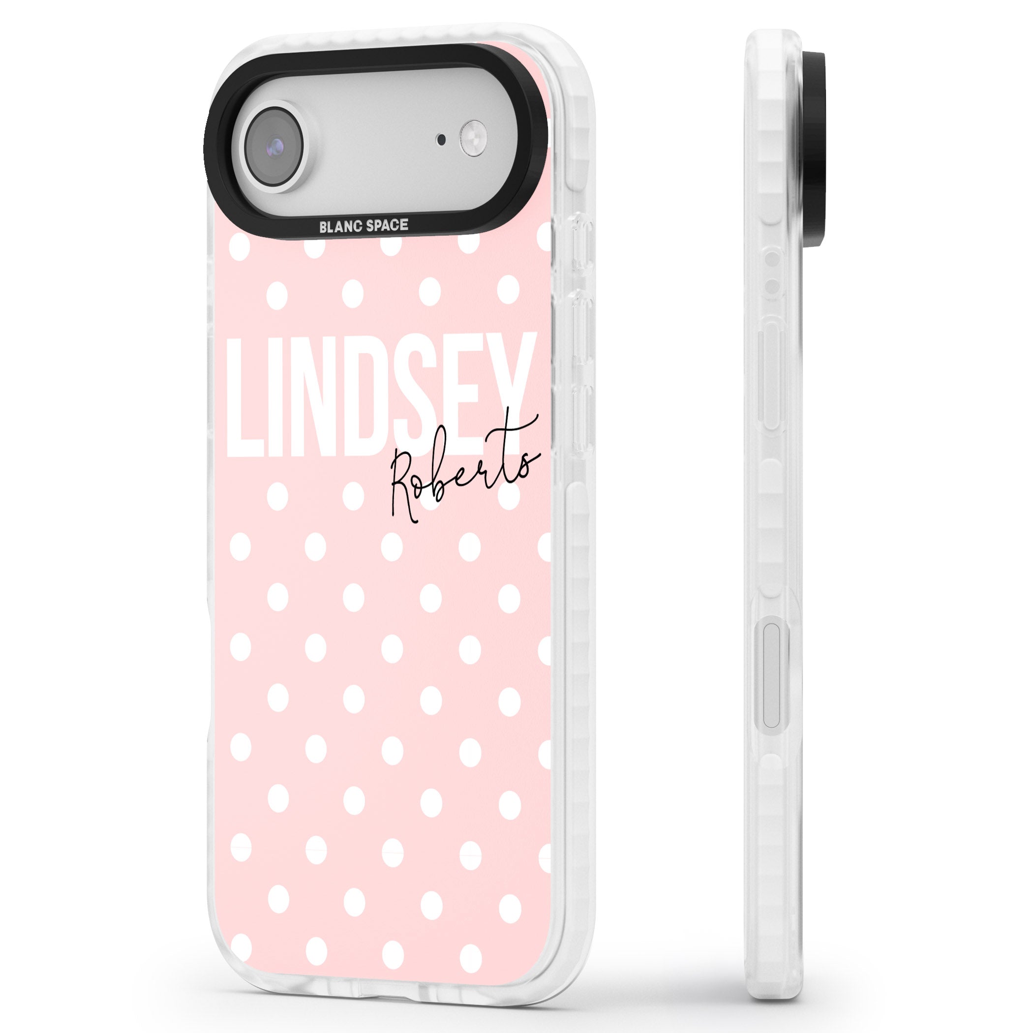 Personalised Pink Polka iPhone 17 Air Impact Pro Clear Phone Case Side Profile