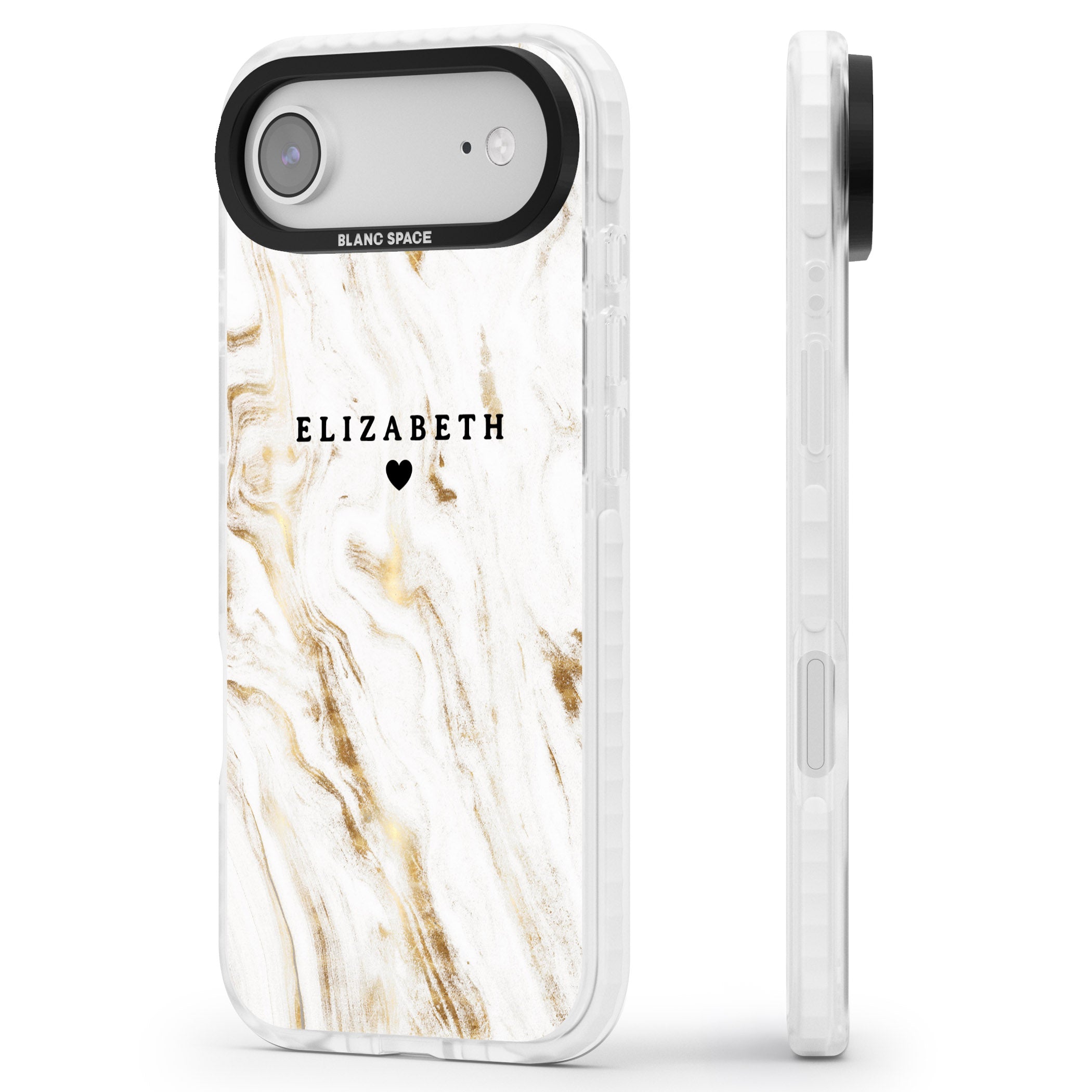 Personalised White & Gold Swirl Marble iPhone 17 Air Impact Pro Clear Phone Case Side Profile