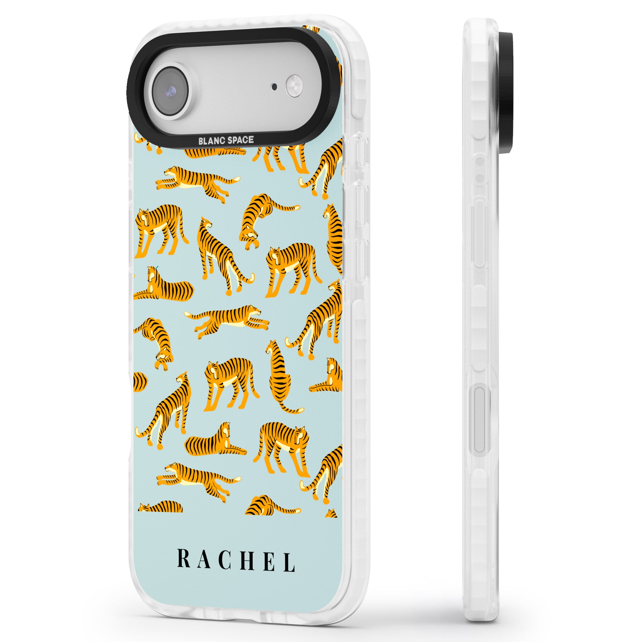 Personalised Turquoise Tiger Pattern iPhone 17 Air Impact Pro Clear Phone Case Side Profile