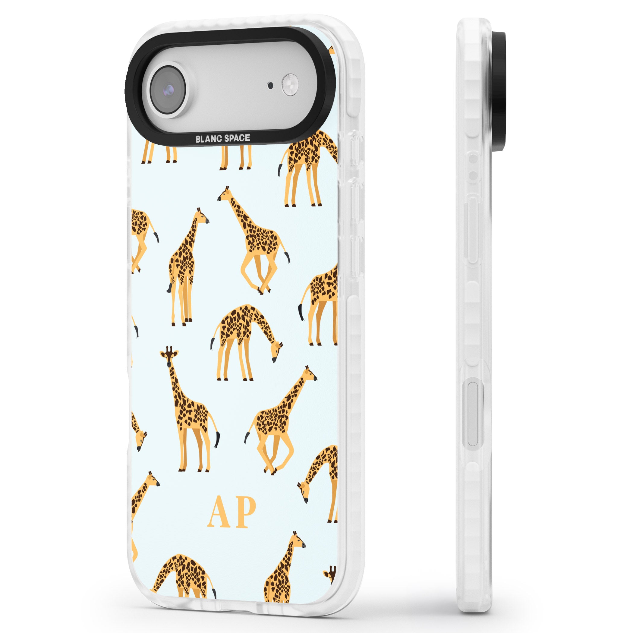 Personalised Safari Giraffe Pattern On Blue iPhone 17 Air Impact Pro Clear Phone Case Side Profile