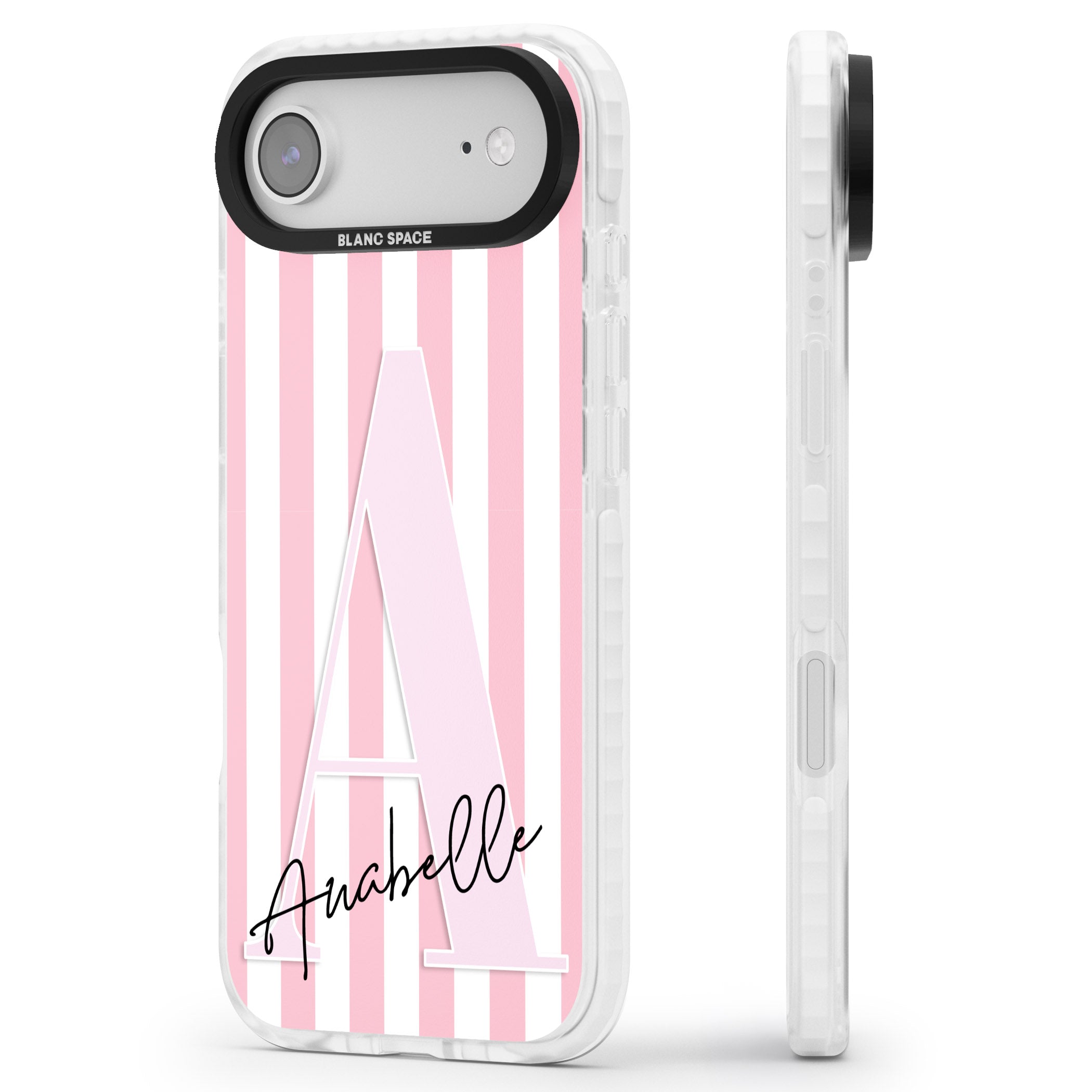 Personalised Pink Stripes & Monogram iPhone 17 Air Impact Pro Clear Phone Case Side Profile