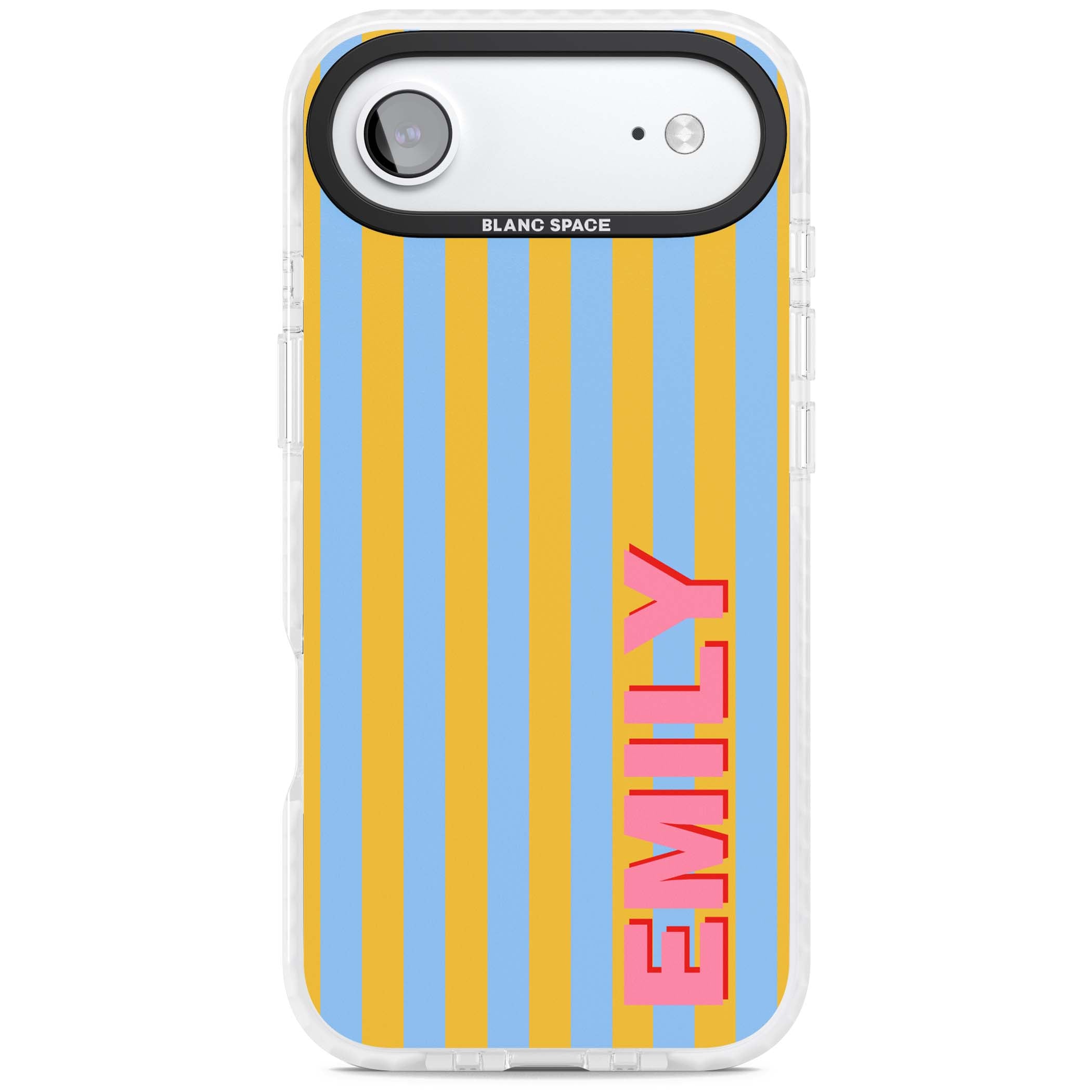 Carribean Stripe personalised coastal iPhone case with yellow and blue vertical stripes and a custom pink name | Impact Magsafe case for iPhone Air