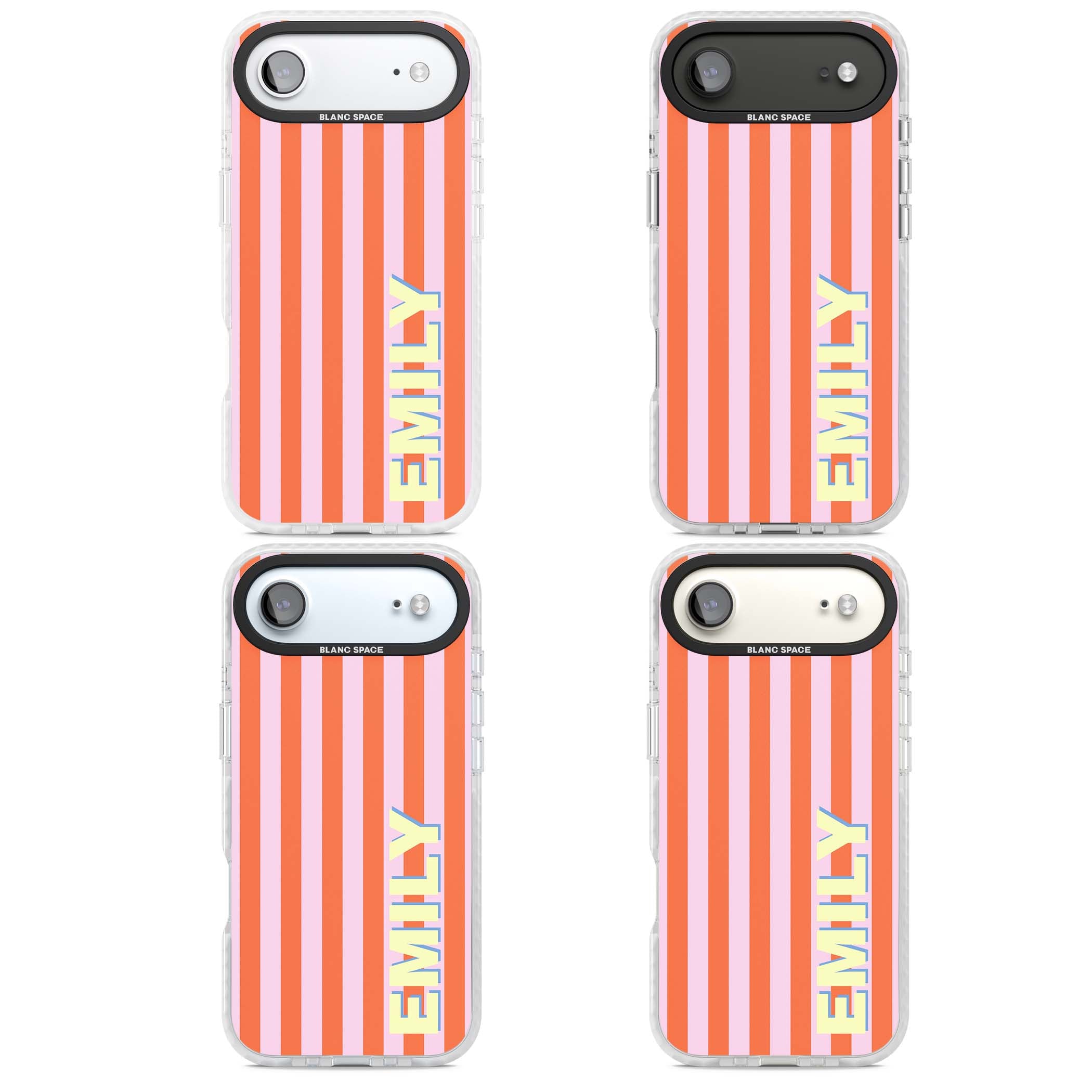 Havana Stripe personalised iPhone case featuring pink and orange vertical stripes with a custom yellow name | Impact Magsafe case for iPhone Air