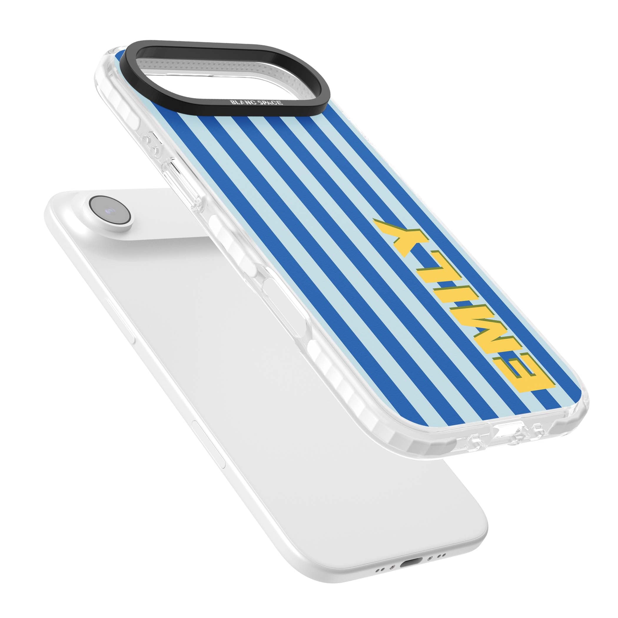 Athenian Stripe personalised preppy iPhone case featuring blue vertical stripes and a custom yellow name | Impact Magsafe case for iPhone Air
