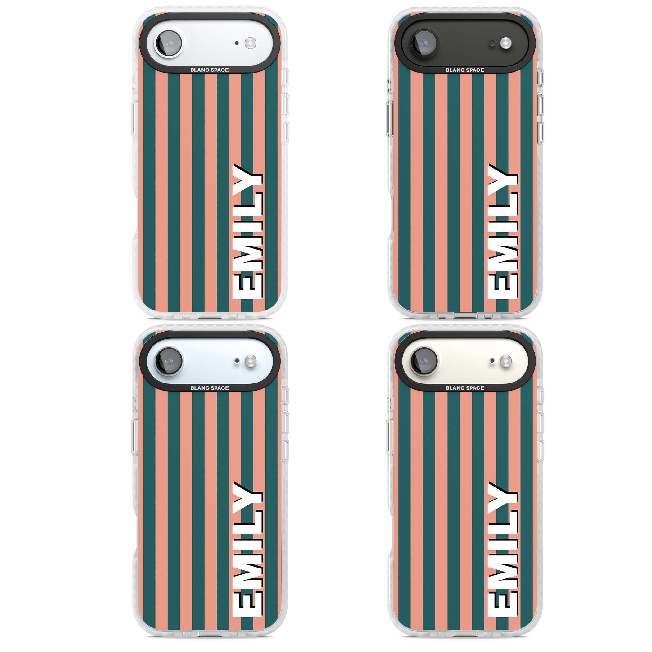 Tuscan Stripe personalised iPhone case featuring coral and green vertical stripes with bold custom name | Impact Magsafe case for iPhone Air